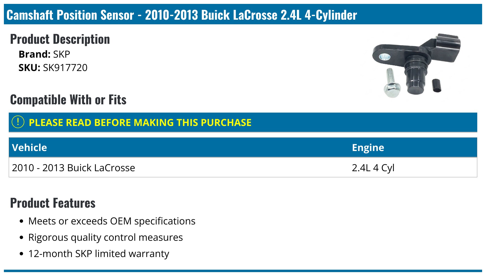 reference sensor - compatible with 2010 - 2016 buick... 2010-2013 Buick LaCrosse Camshaft Position Sensor - SKP SK917720 ...