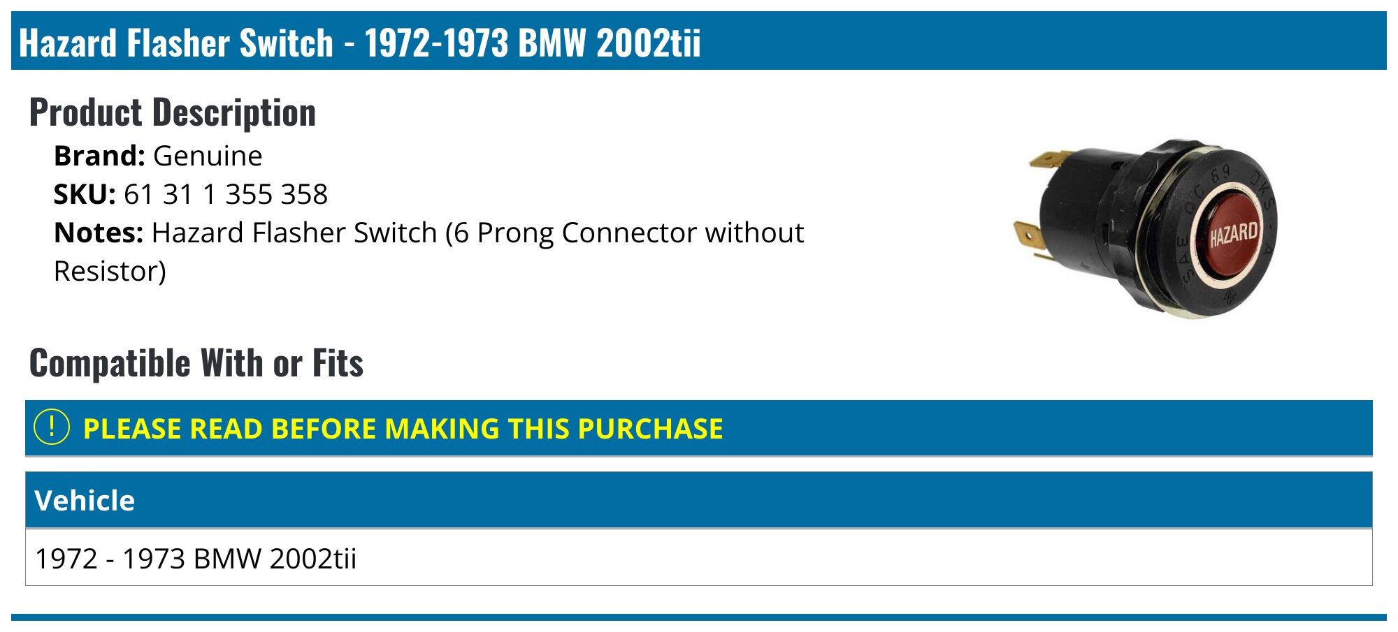 Genuine BMW Hazard Flasher Switch For E3 E10 – 61 31 1 356 193