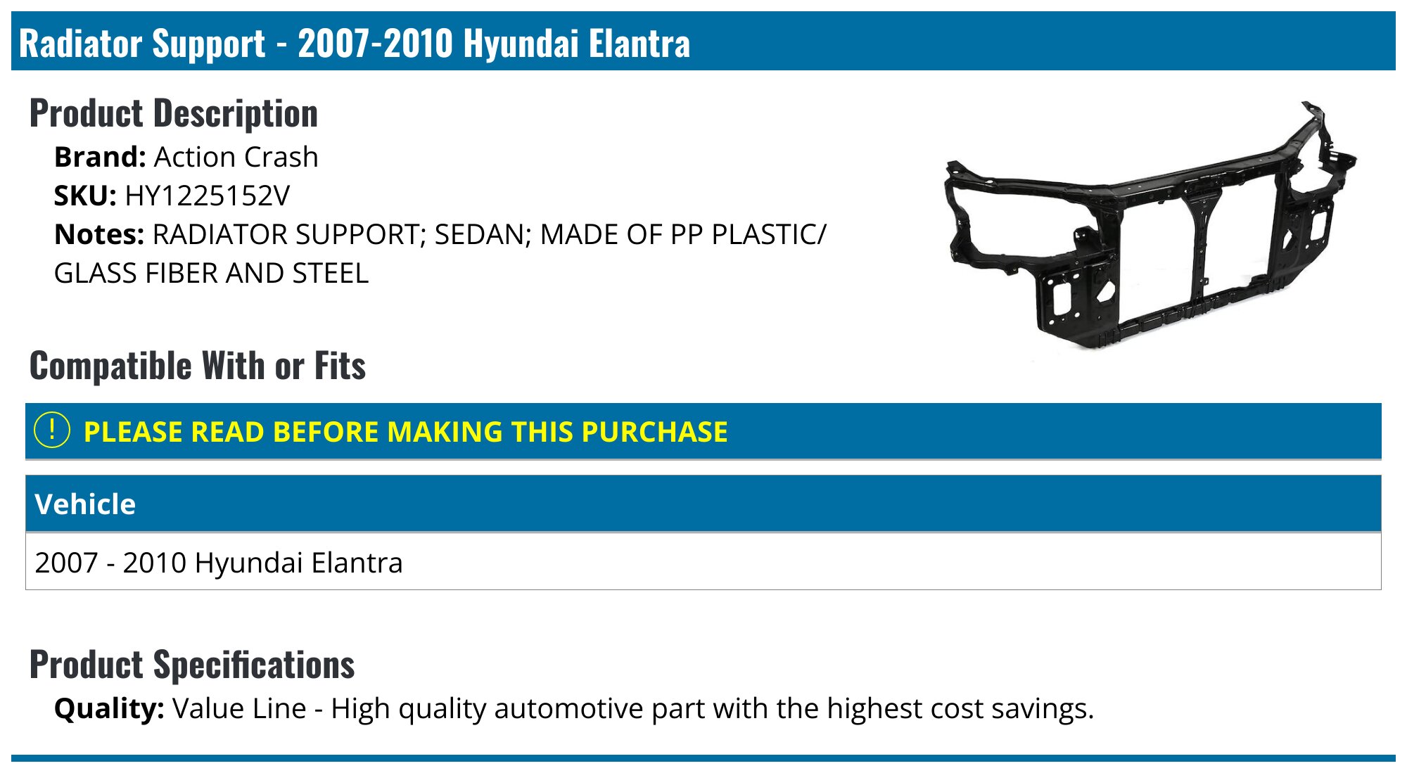 Action Crash Radiator Support - for 2007-2010 Hyundai Elantra HY1225152V - Fitment Image