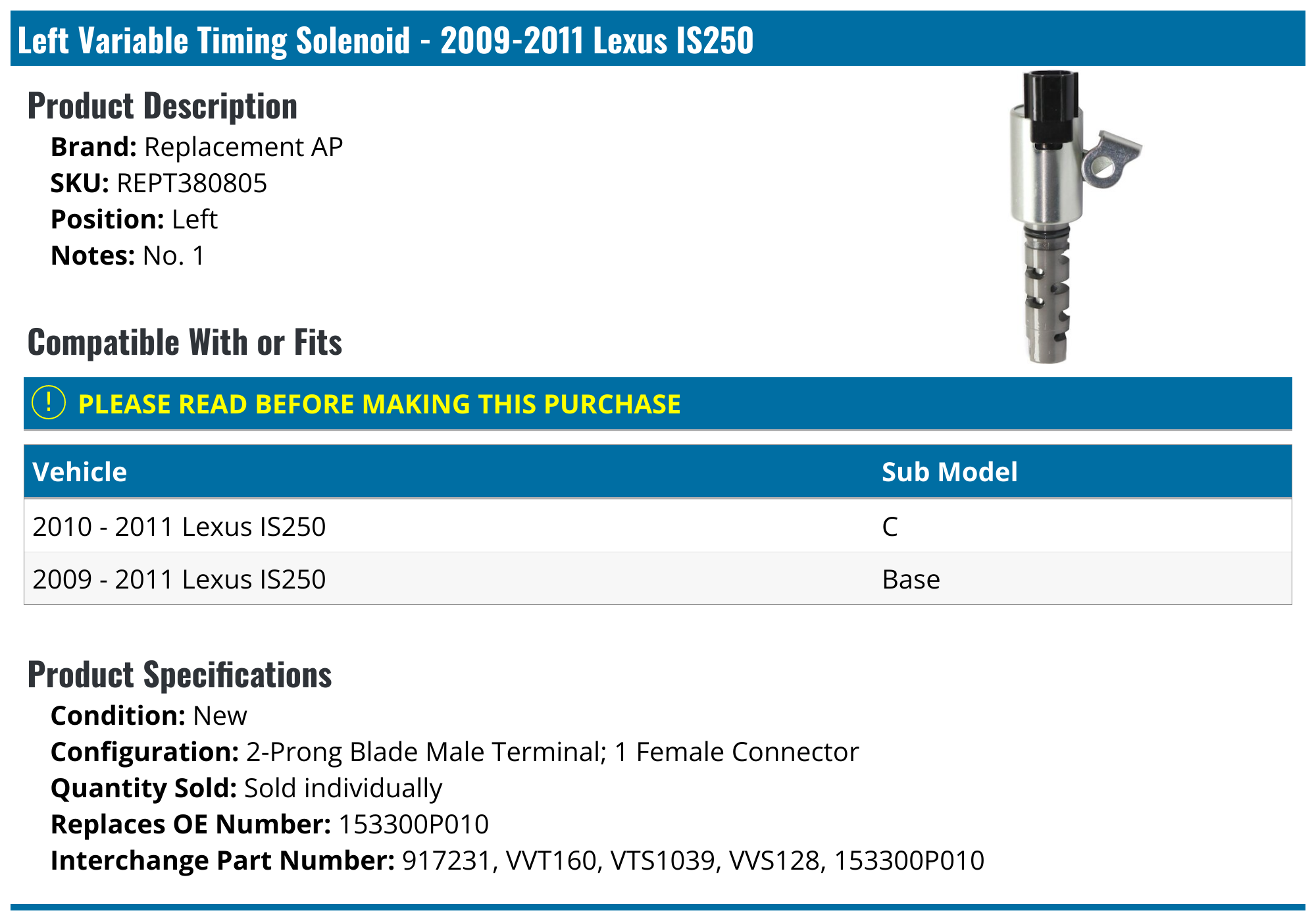 20092011 Lexus IS250 Variable Timing Solenoid Replacement AP