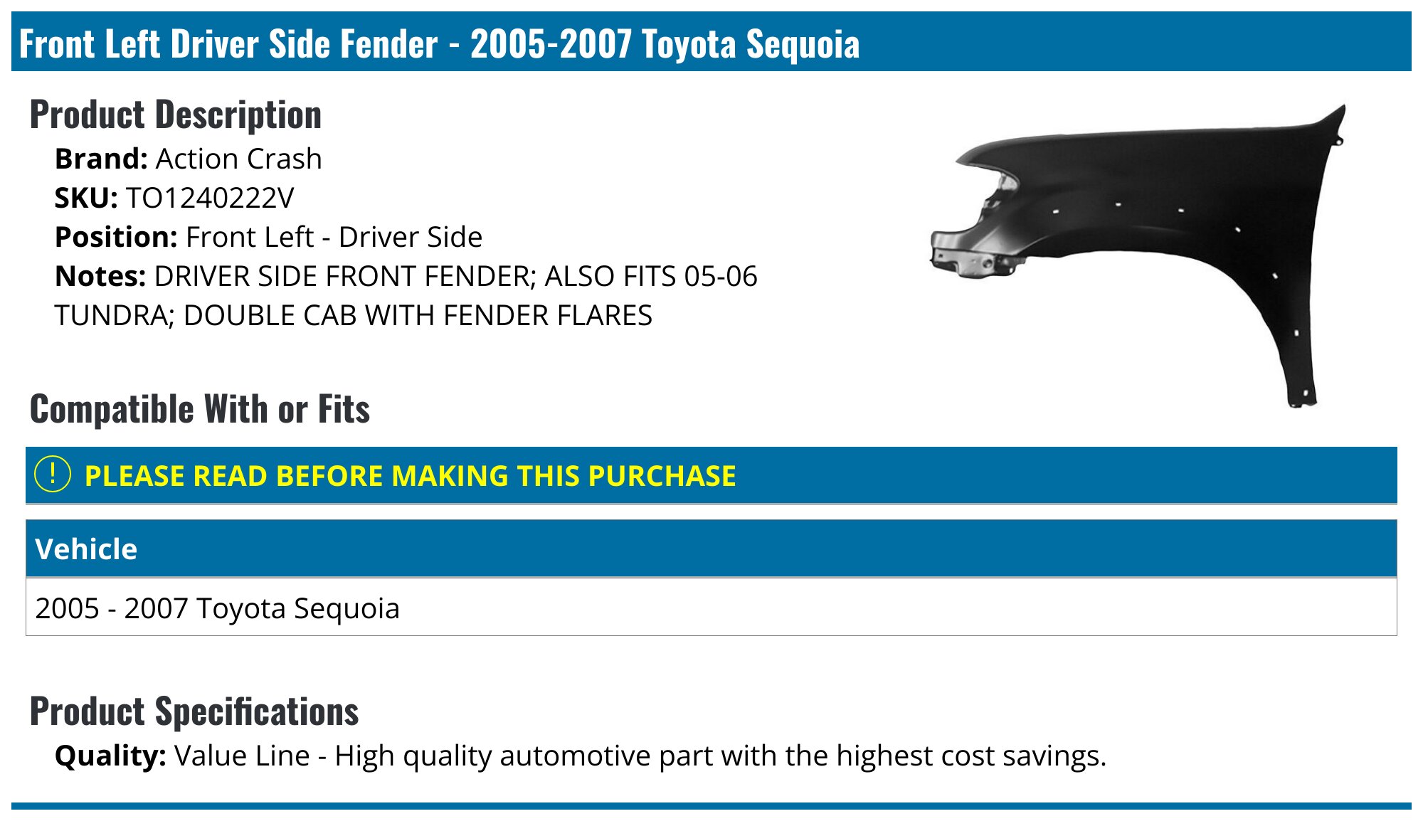 Action Crash Front Left Inner Fender For 2008-2017 Toyota Sequoia – Driver Side (69629BP)