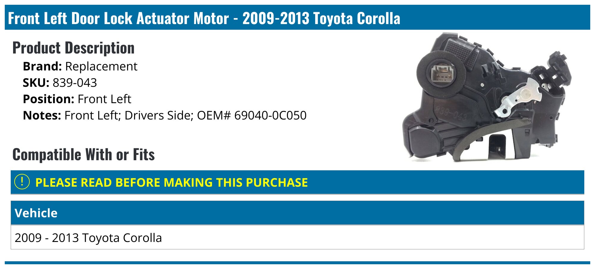 Compatible With For Corolla 1.8L 2.4L 2009 2010 2011 2012 2013 車のド