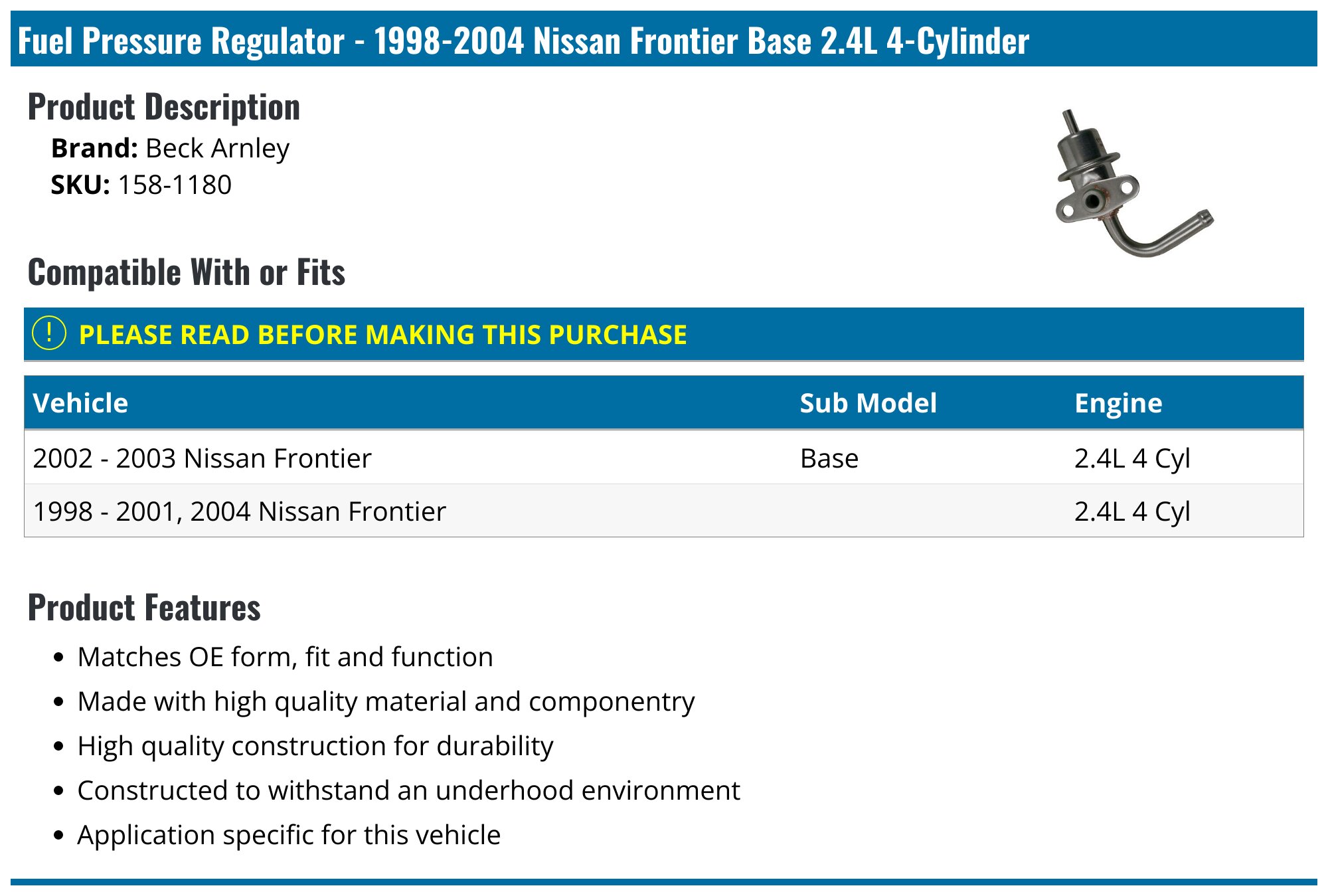 thumbnail image 2 of Fuel Pressure Regulator For Nissan Frontier Xterra Pathfinder 3.0L 3.3L (1990-2004) – Replaces 22670-0W00A 2 of 5