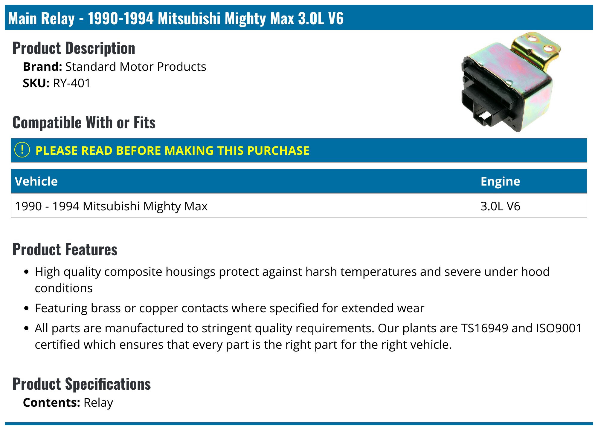 1990-1994 Mitsubishi Mighty Max Main Relay - Standard Motor 
