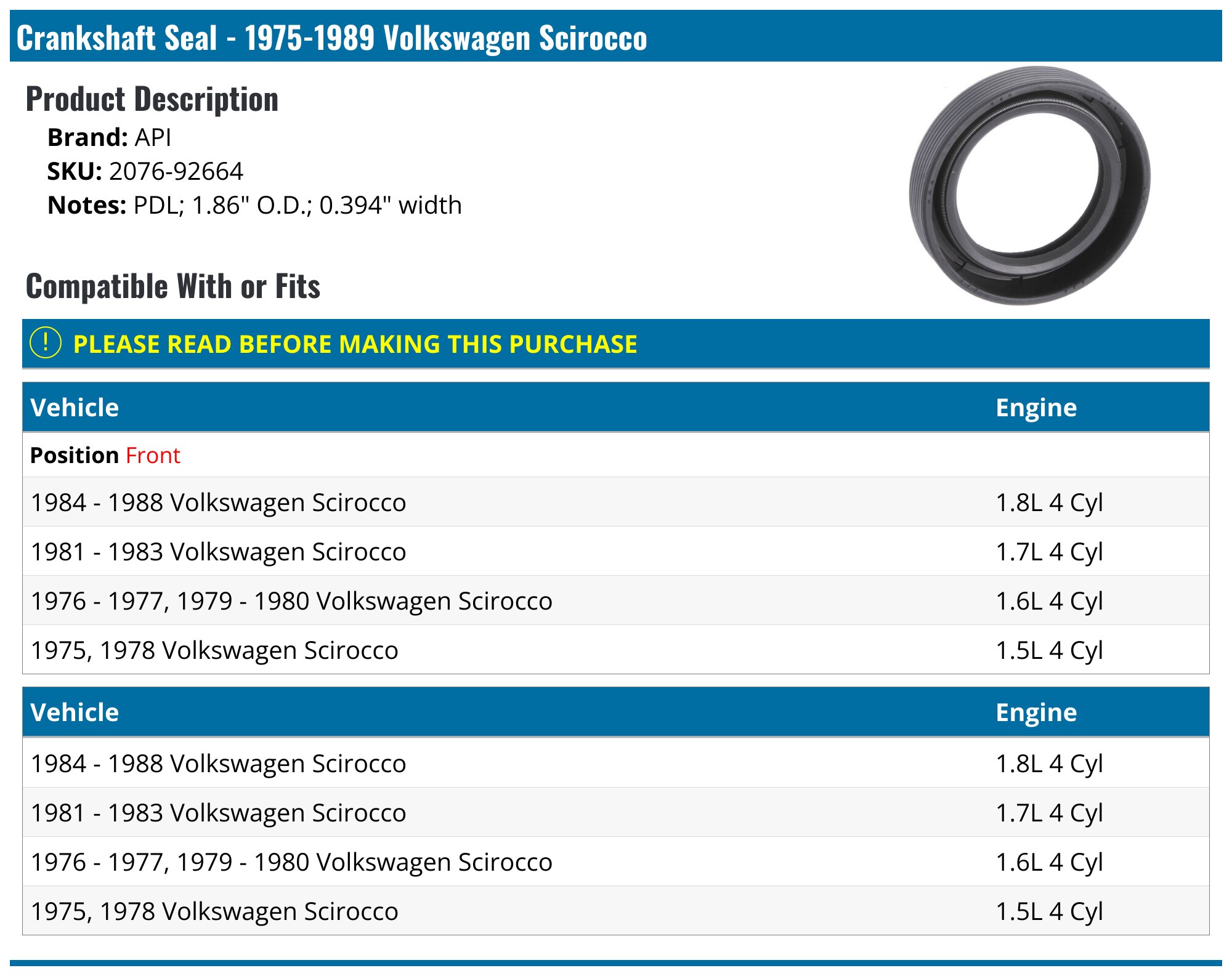 19751989 Volkswagen Scirocco Crankshaft Seal API 719107827962