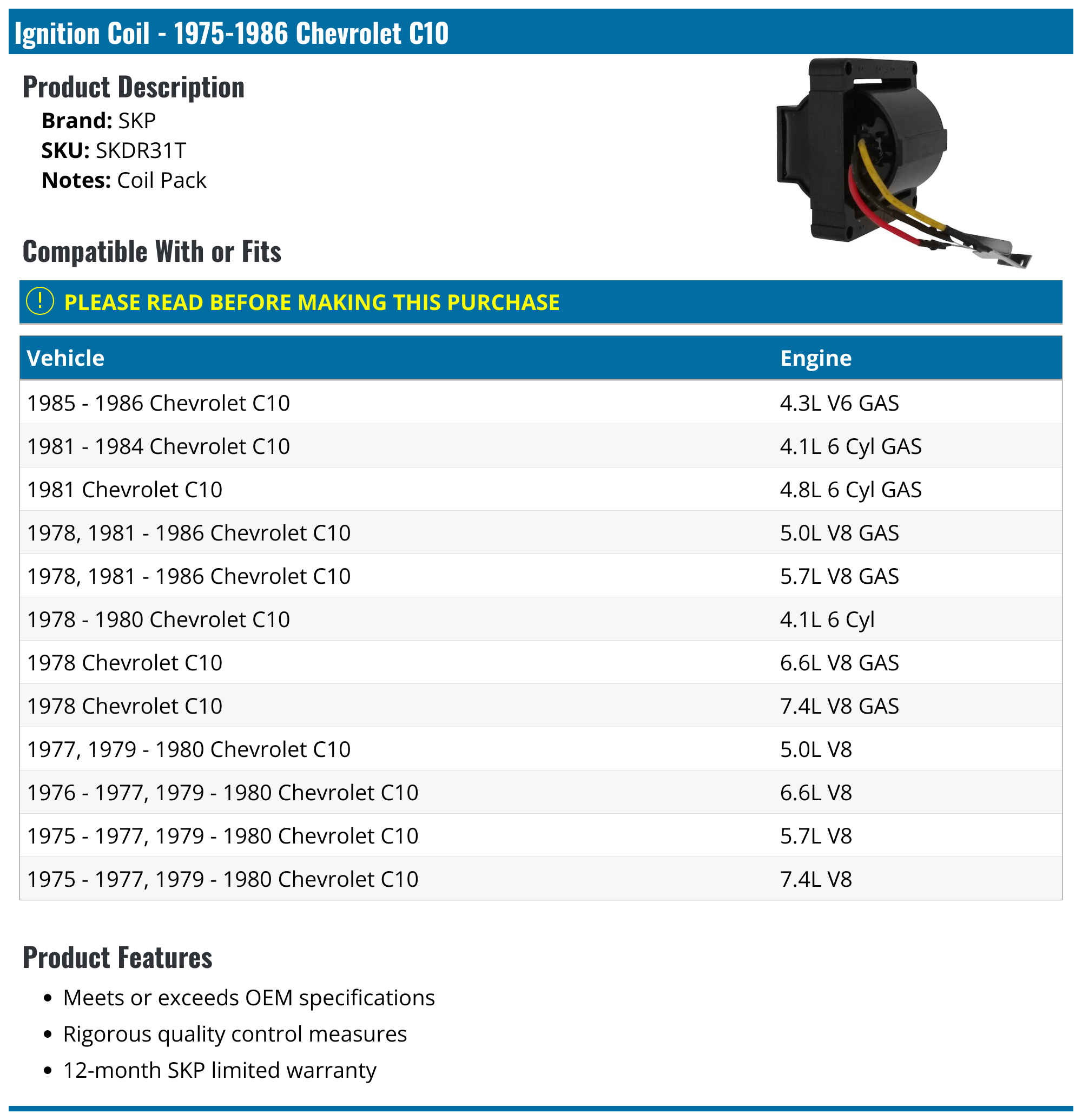 19751986 Chevrolet C10 Ignition Coil SKP SKDR31T