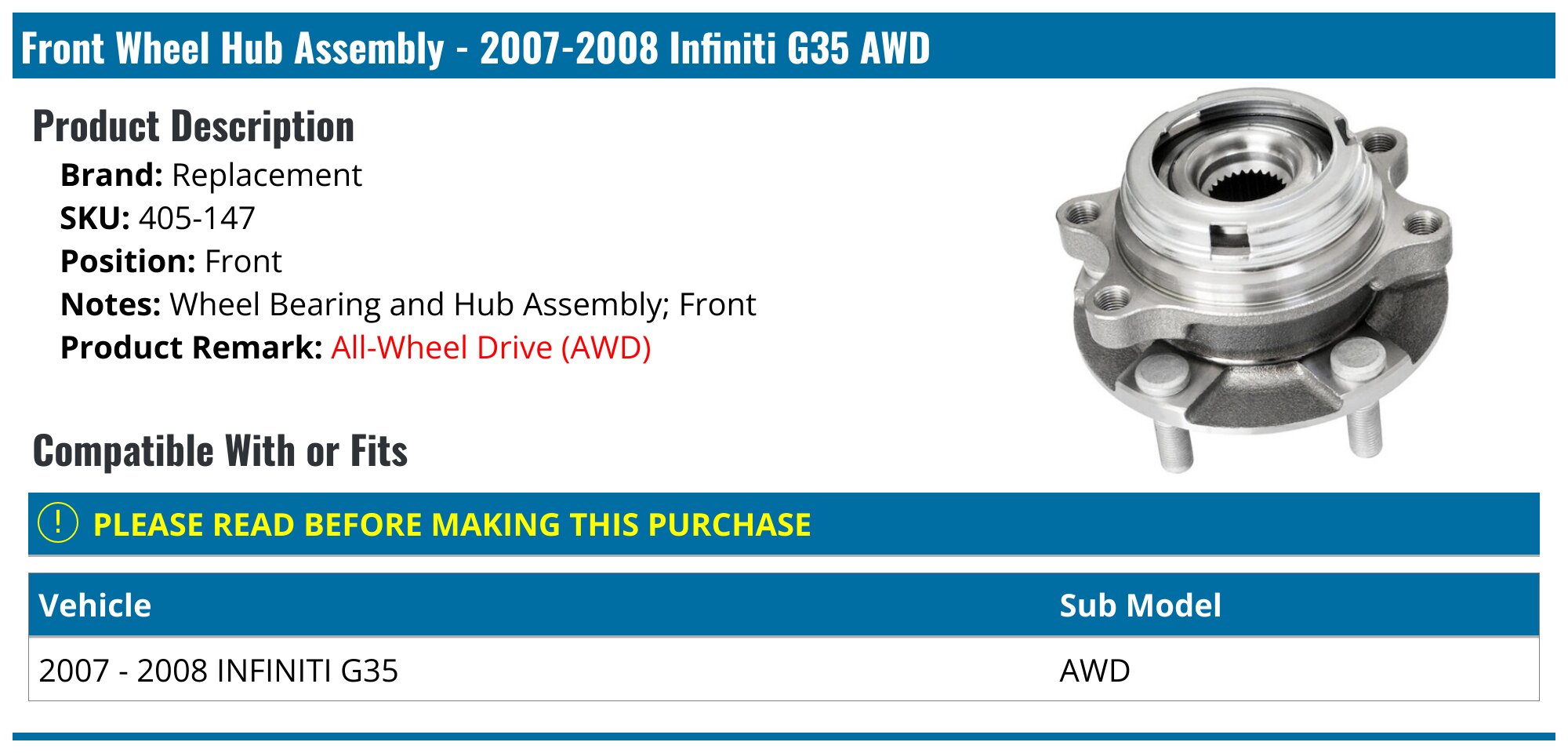 LONGGO 2x Front Wheel Bearing & Hub Assembly For Infiniti G35 (2007-2008) / G37 (2008-2013)