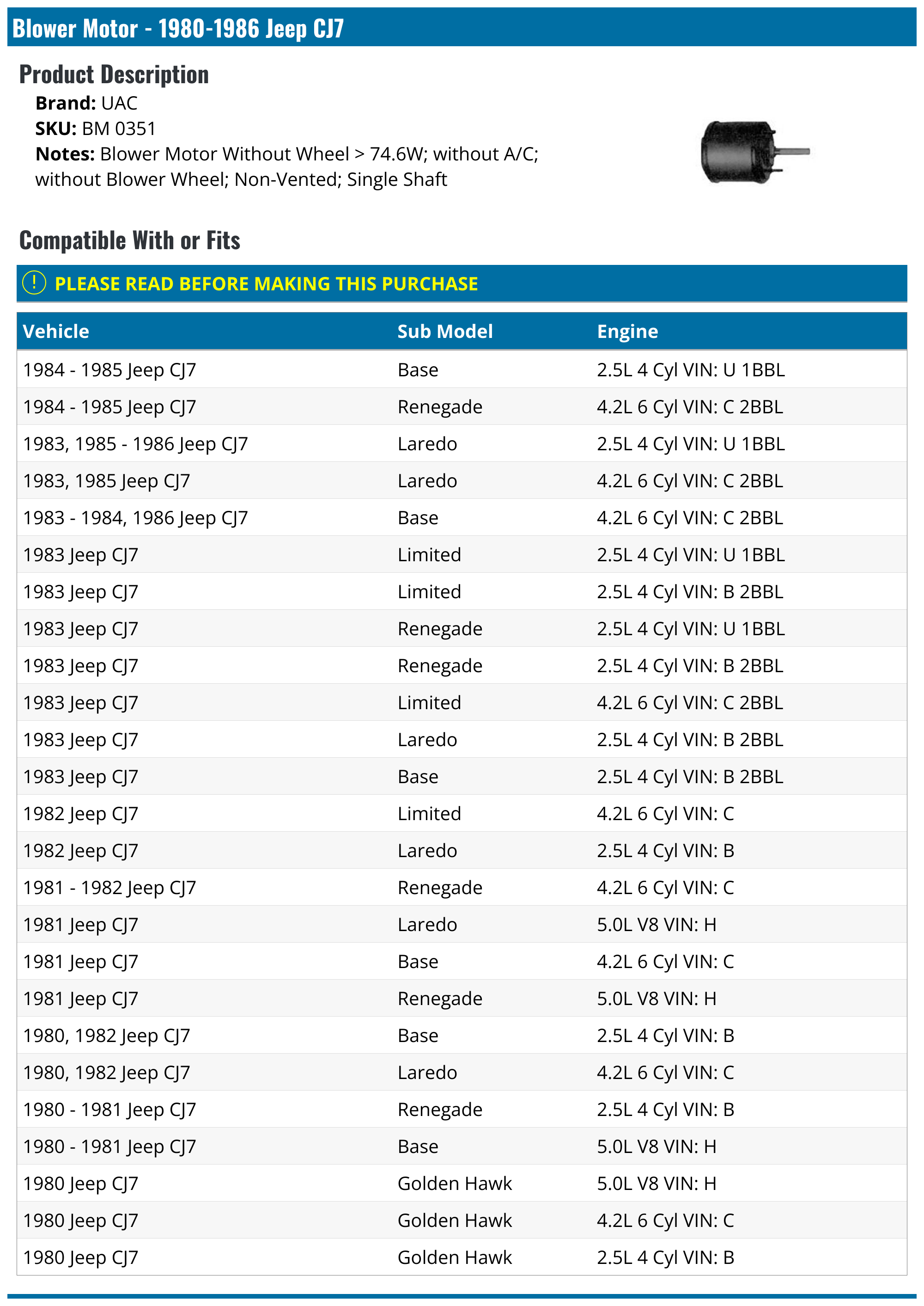 19801986 Jeep CJ7 Blower Motor UAC BM 0351