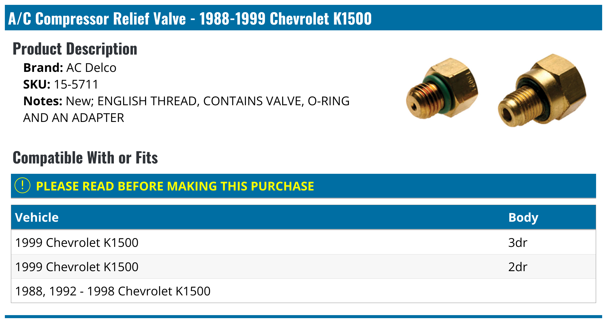 1988-1999 Chevrolet K1500 A/C Compressor Relief Valve - AC Delco 15 ...