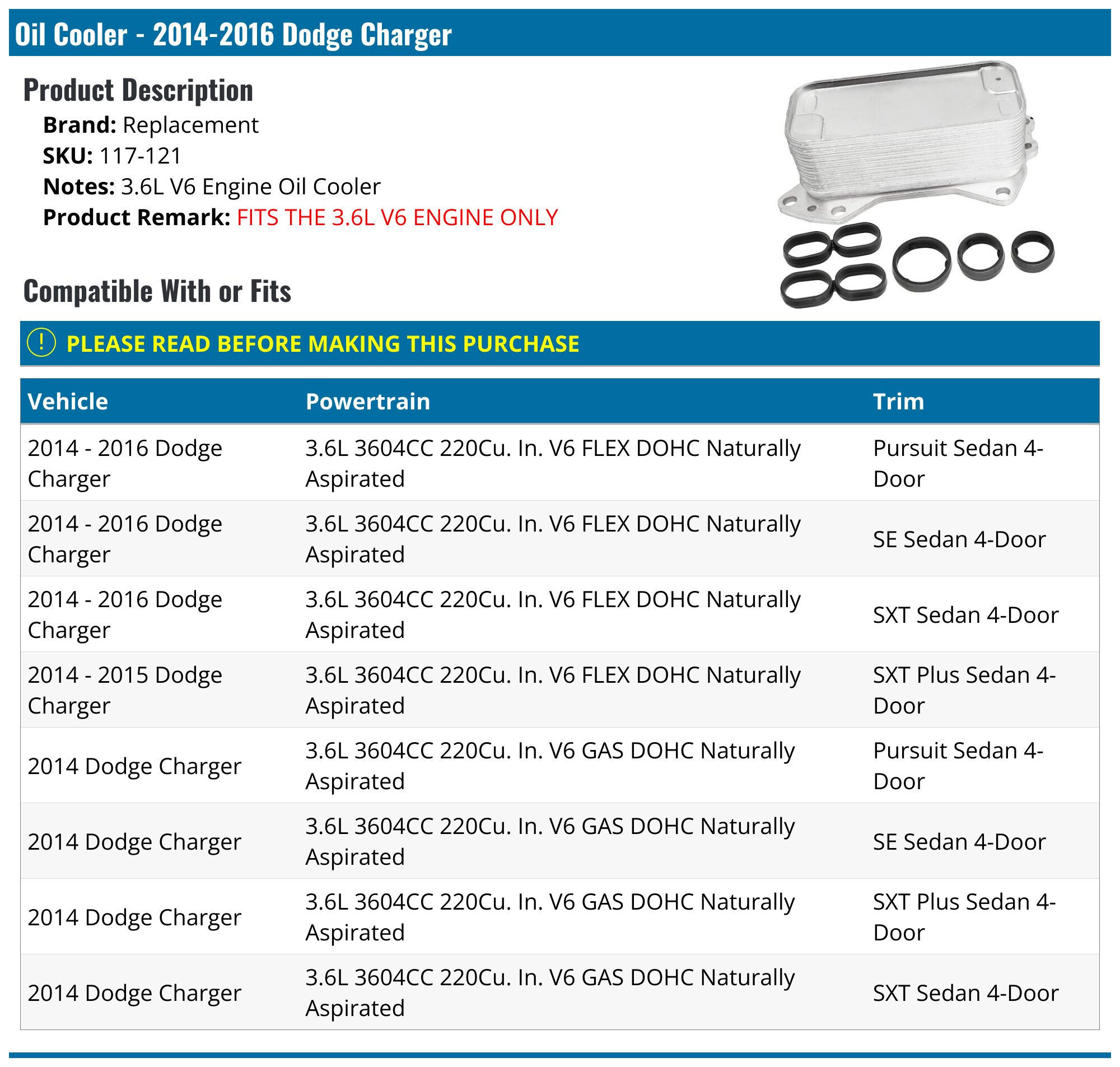 2014-2016 Dodge Charger Oil Cooler - Replacement 117-121 - PartsGeek.com