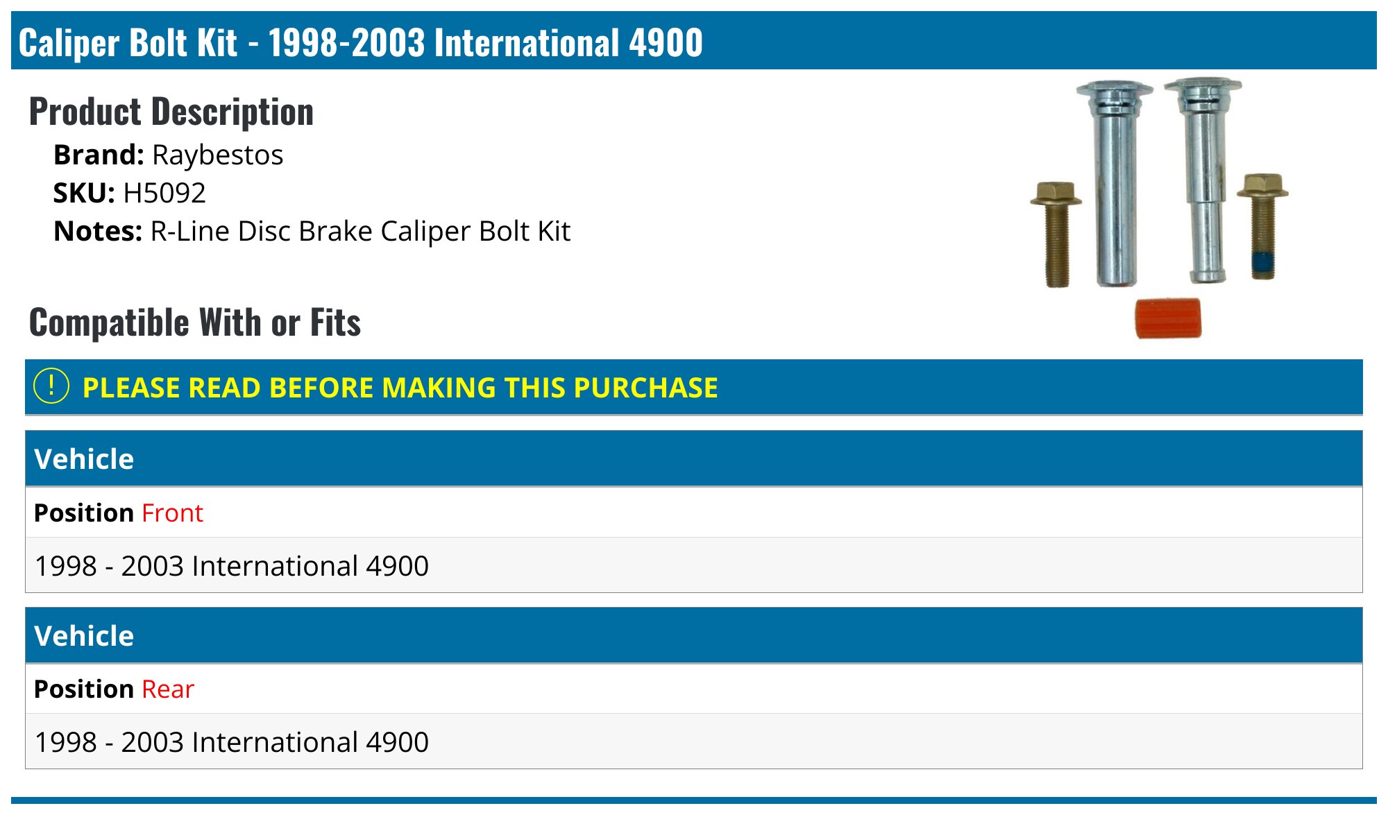 19982003 International 4900 Caliper Bolt Raybestos H5092 Rear