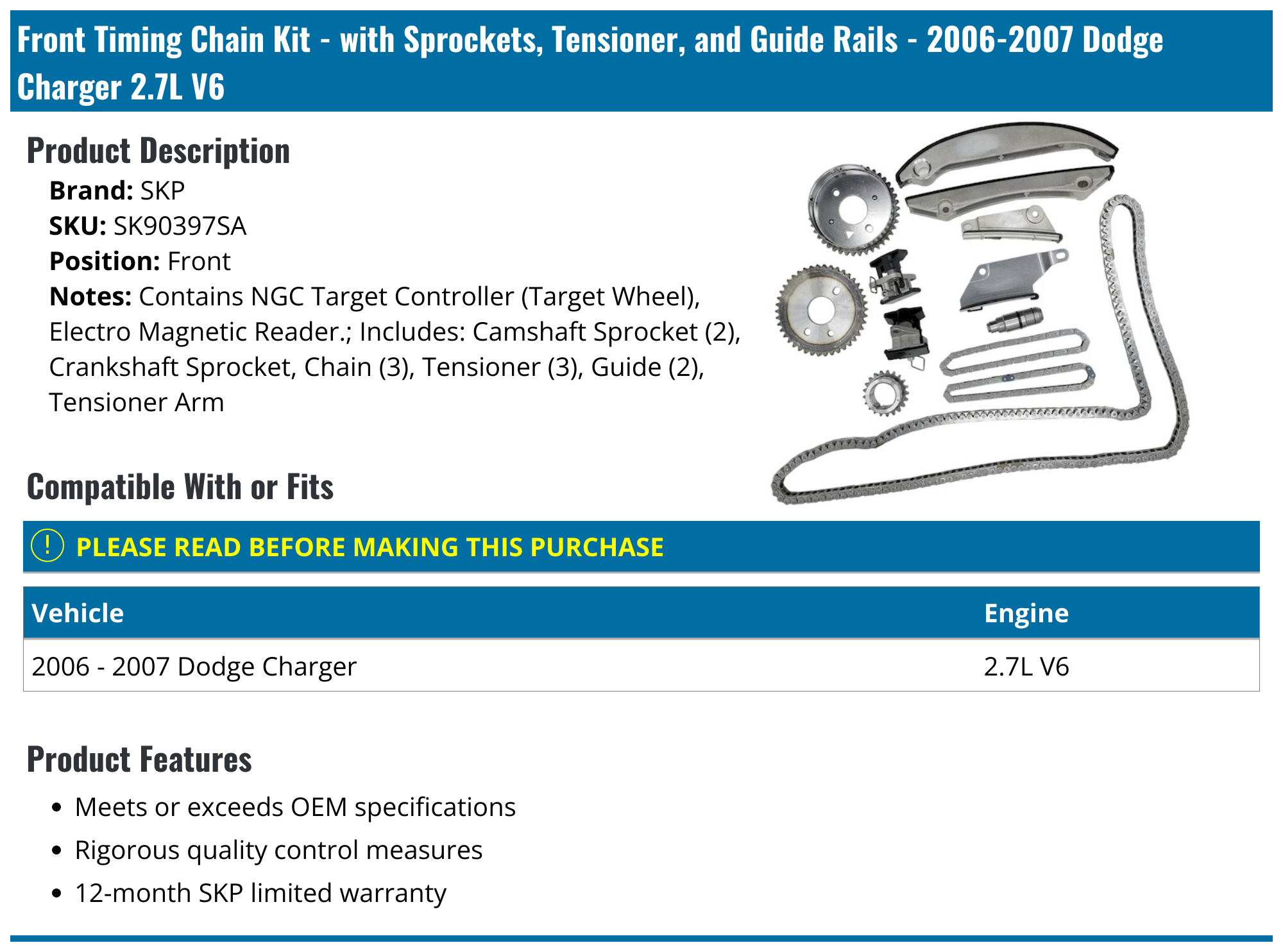 20062007 Dodge Charger Timing Chain SKP SK90397SA Front