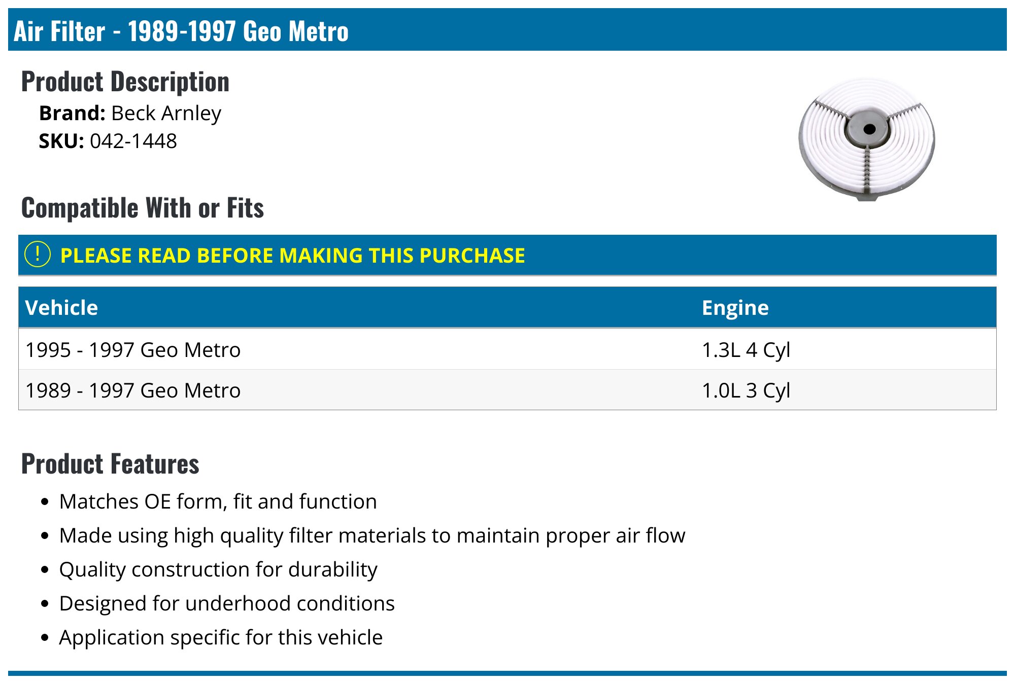 Pentius Air Filter – For 1989-1997 Geo Metro 1.0L 3-Cylinder (PAB6376)