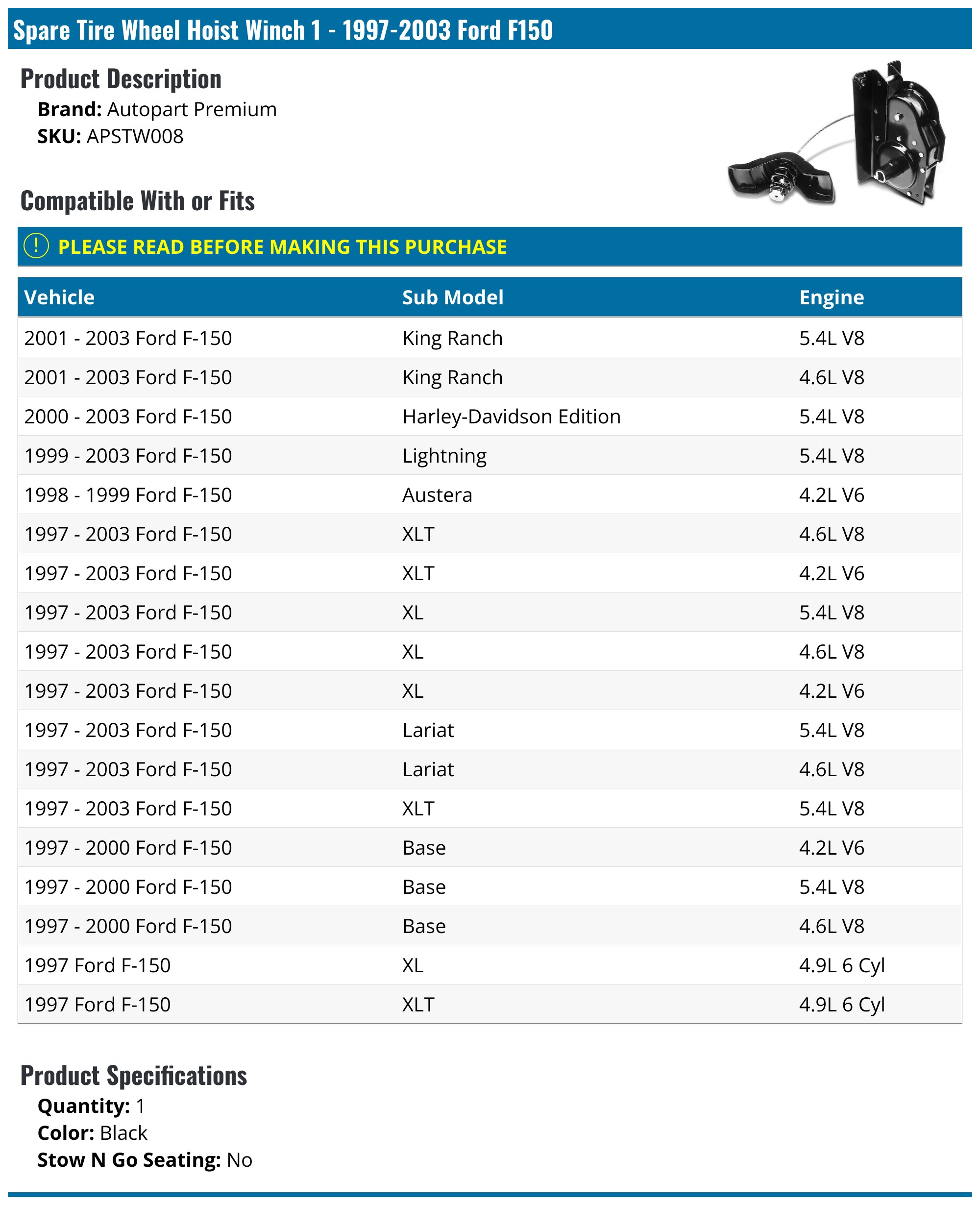 1997-2003 Ford F150 Spare Tire Hoist - Autopart Premium APSTW008 ...