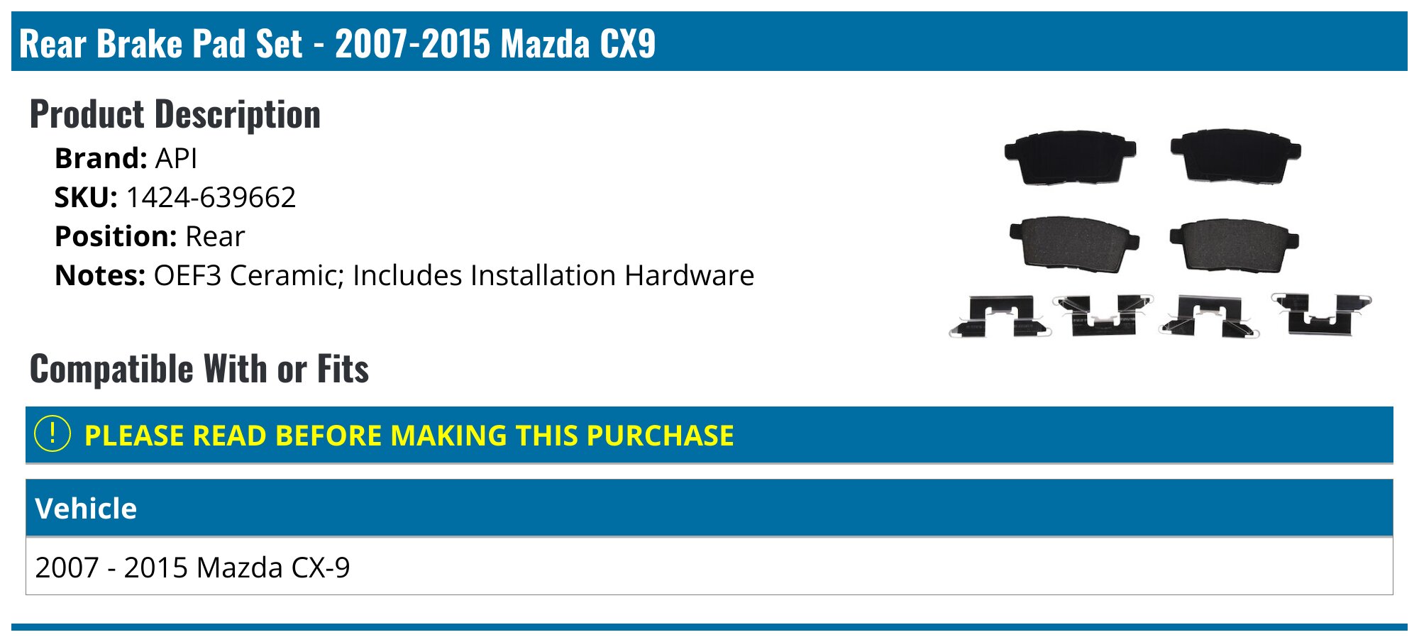 Brake Pad Set - Compatible With 2007 - 2015 Mazda CX-9 2008 2009 2010 2011 2012 2013 2014
