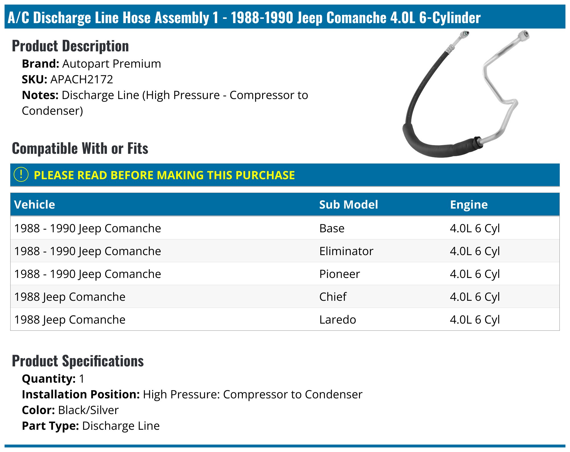 1988-1990 Jeep Comanche A/C Hose - Autopart Premium APACH2172 - High ...