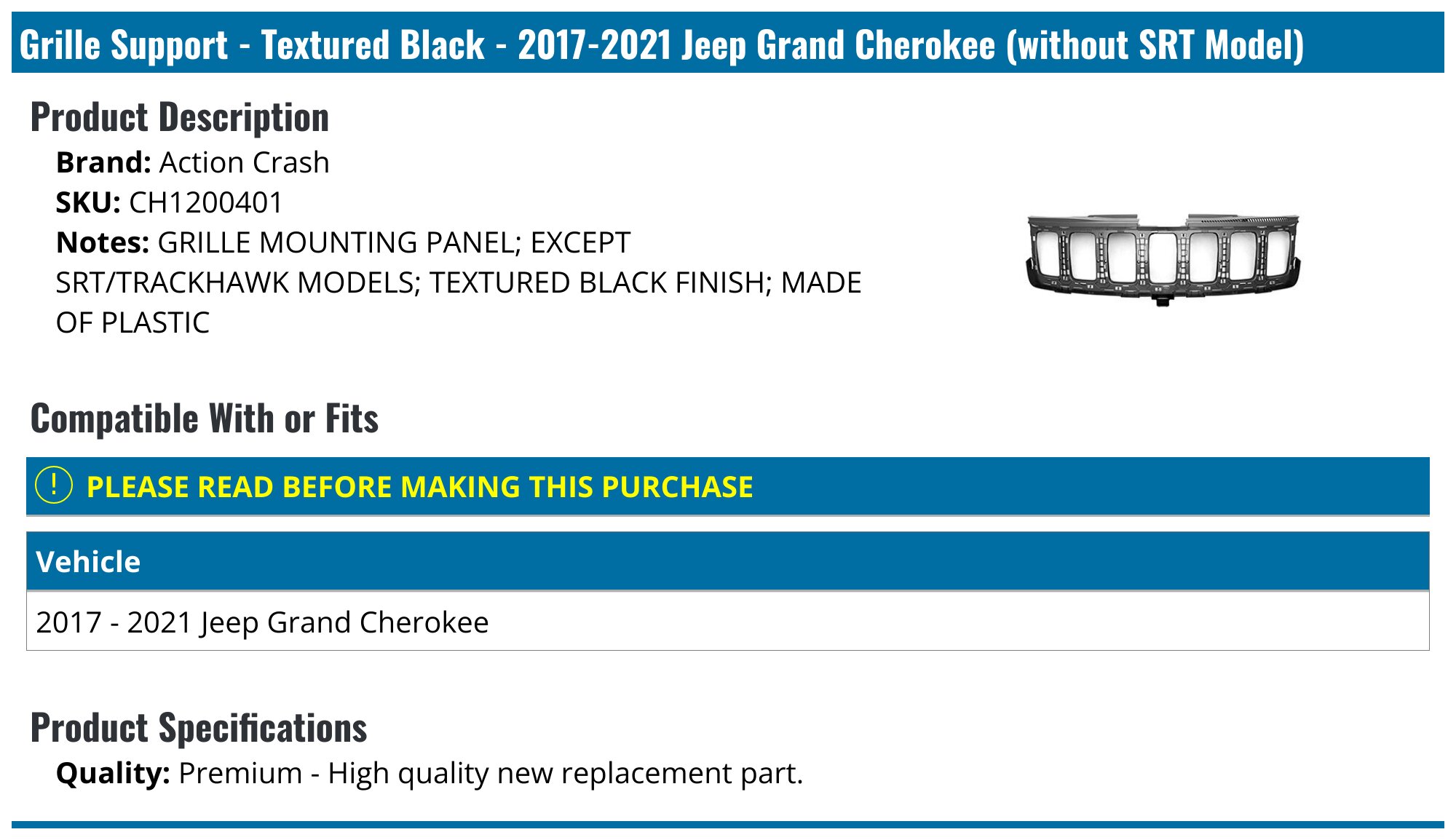 New Grille Mounting Panel For 2017-2021 Jeep Grand Cherokee SRT / Trackhawk – Micro Rim