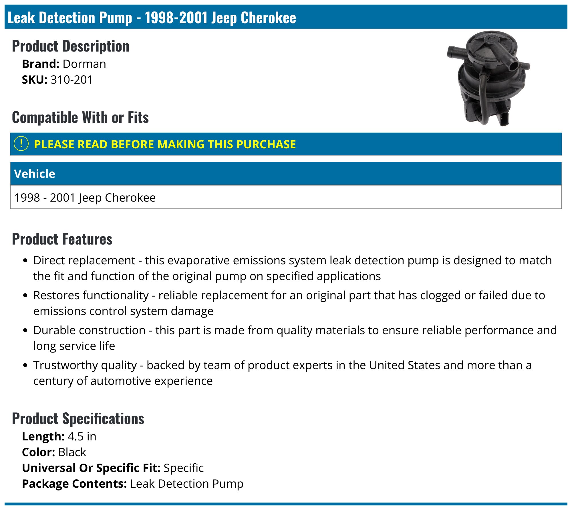 Dorman OE Solutions Leak Detection Pump 310-201 | O'Reilly Auto Parts