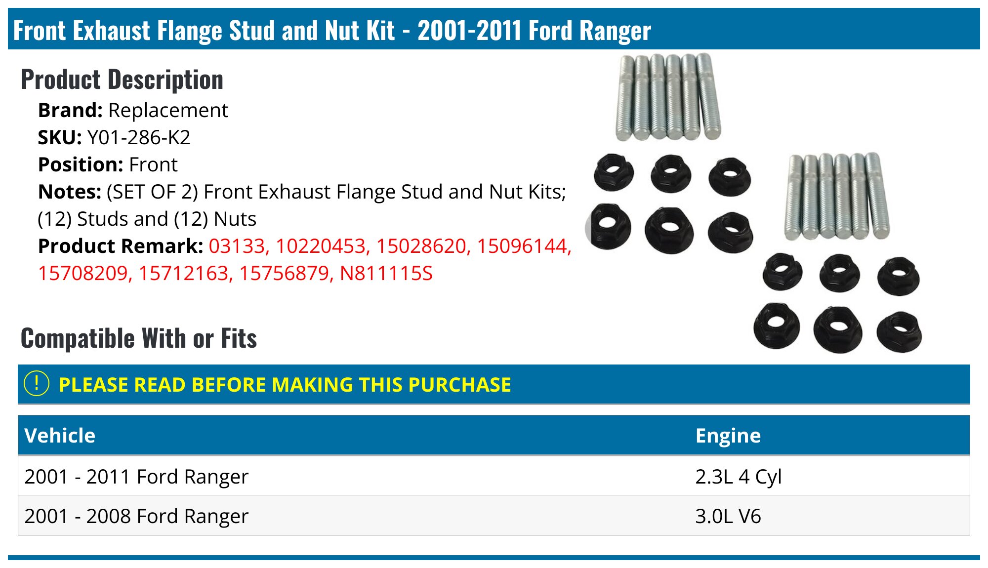 20012011 Ford Ranger Exhaust Flange Stud and Nut Replacement Y01286