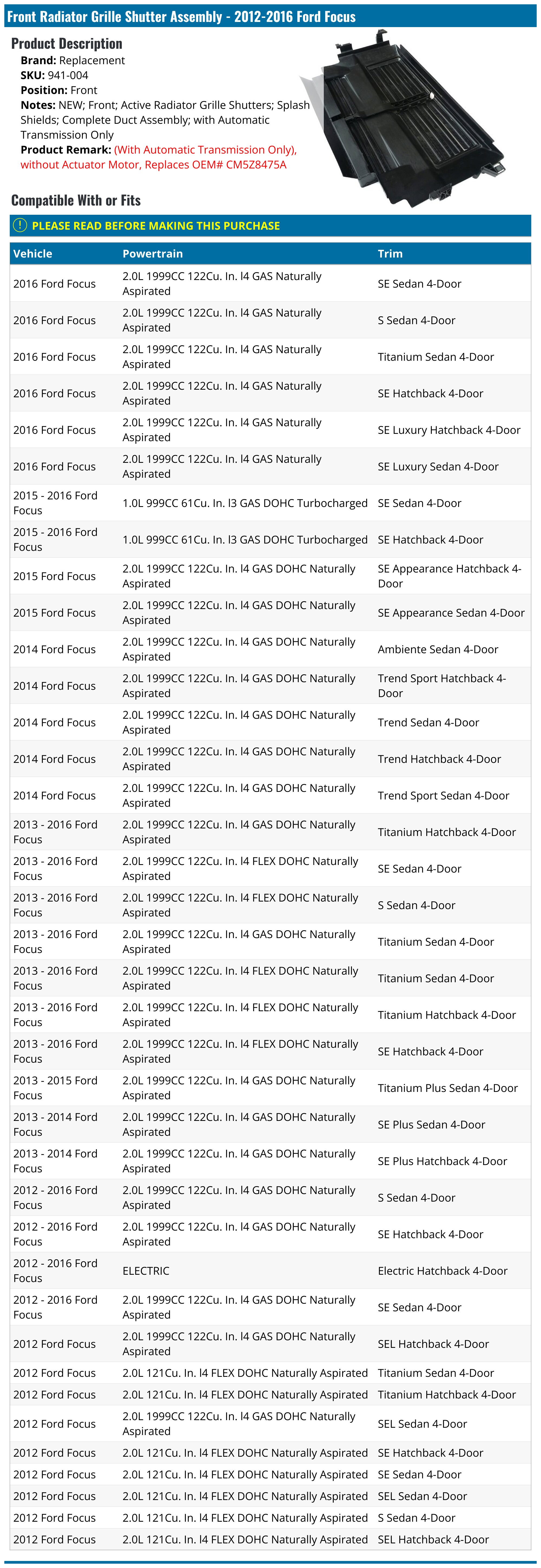 2012-2016 Ford Focus Radiator Shutter Assembly - Replacement 941-004 ...