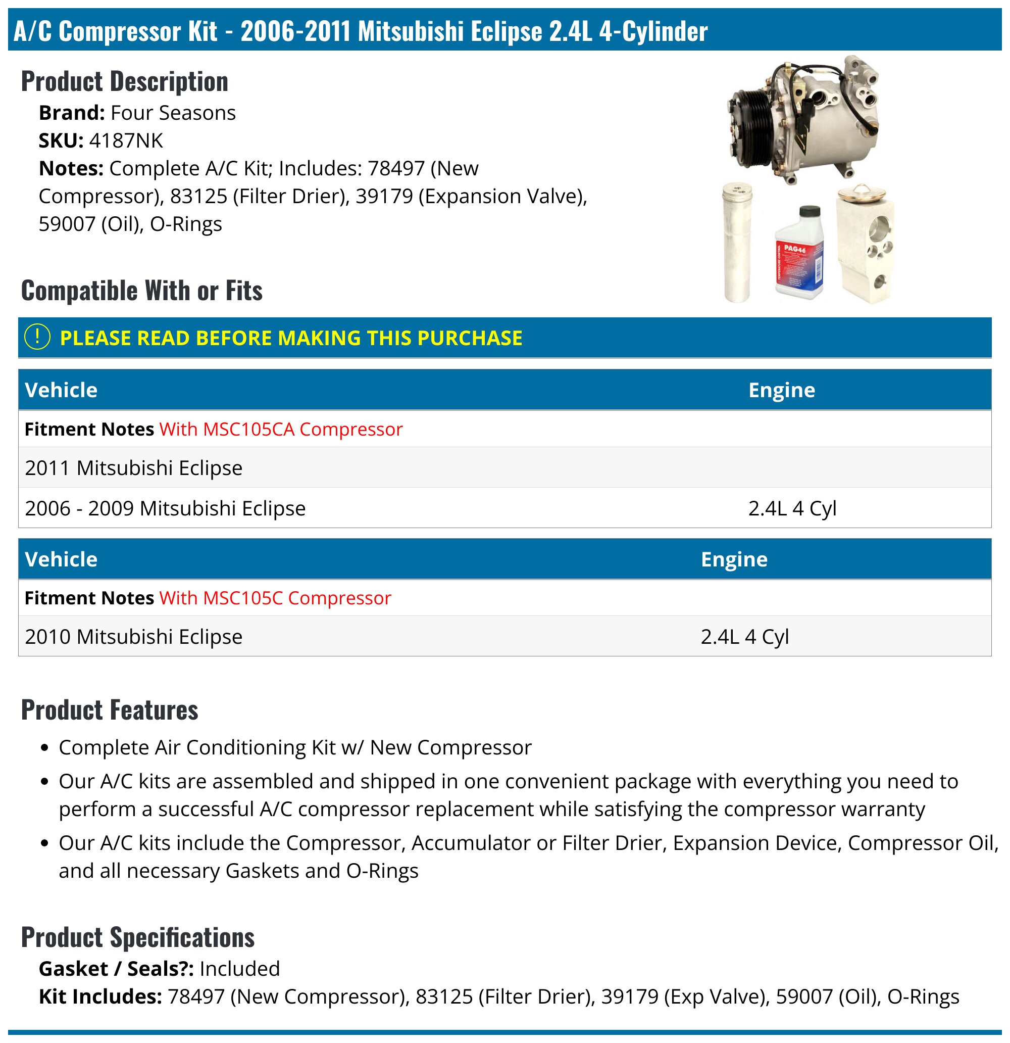 A/C AC Compressor Kit For 2004-2012 Eclipse 2.4L and 3.8L only