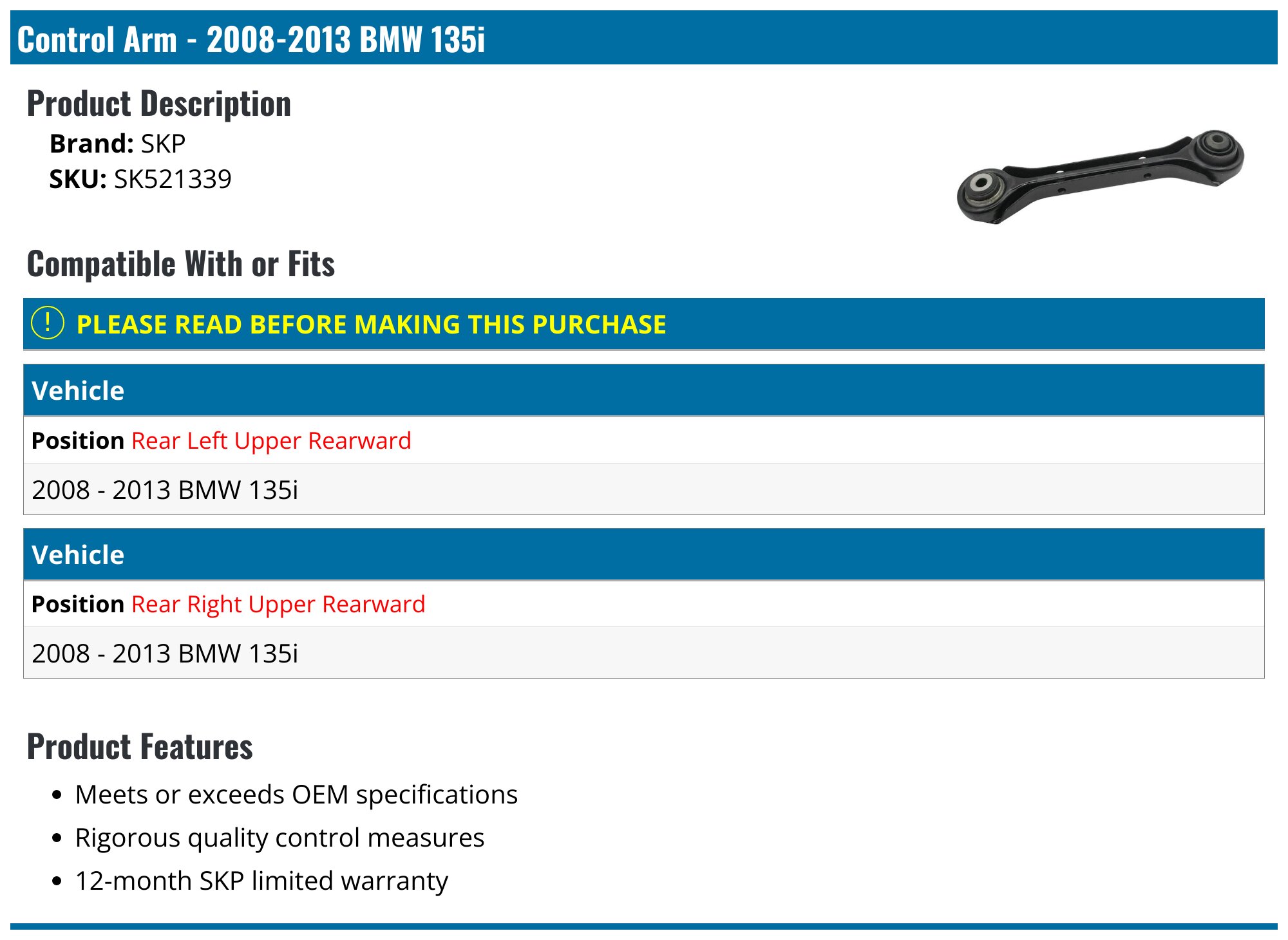 2008-2013 BMW 135i Control Arm - SKP SK521339 - Rear Upper Center ...