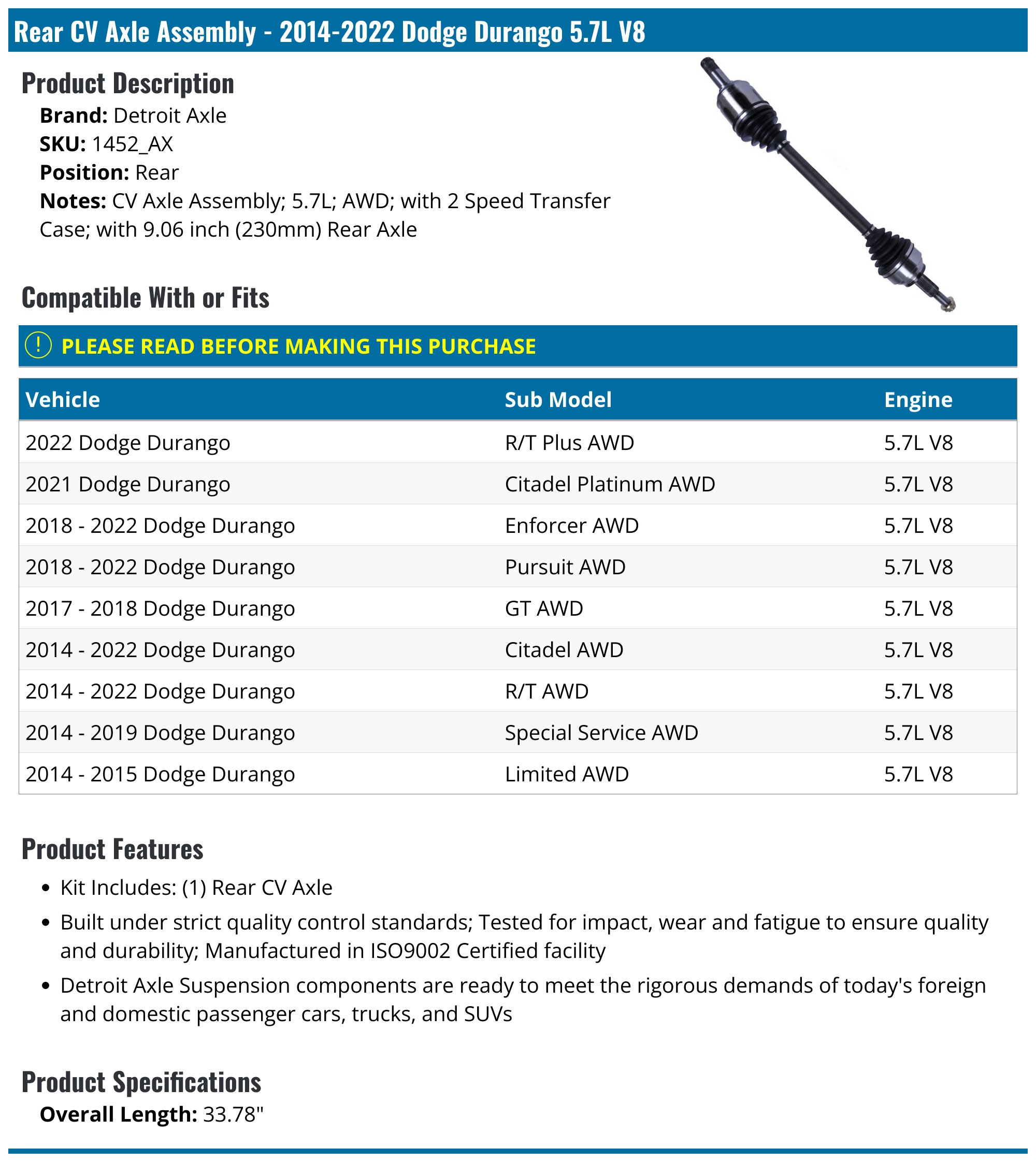2011-2025 Dodge Durango Axle Assembly - Detroit Axle 1452_AX - Rear ...
