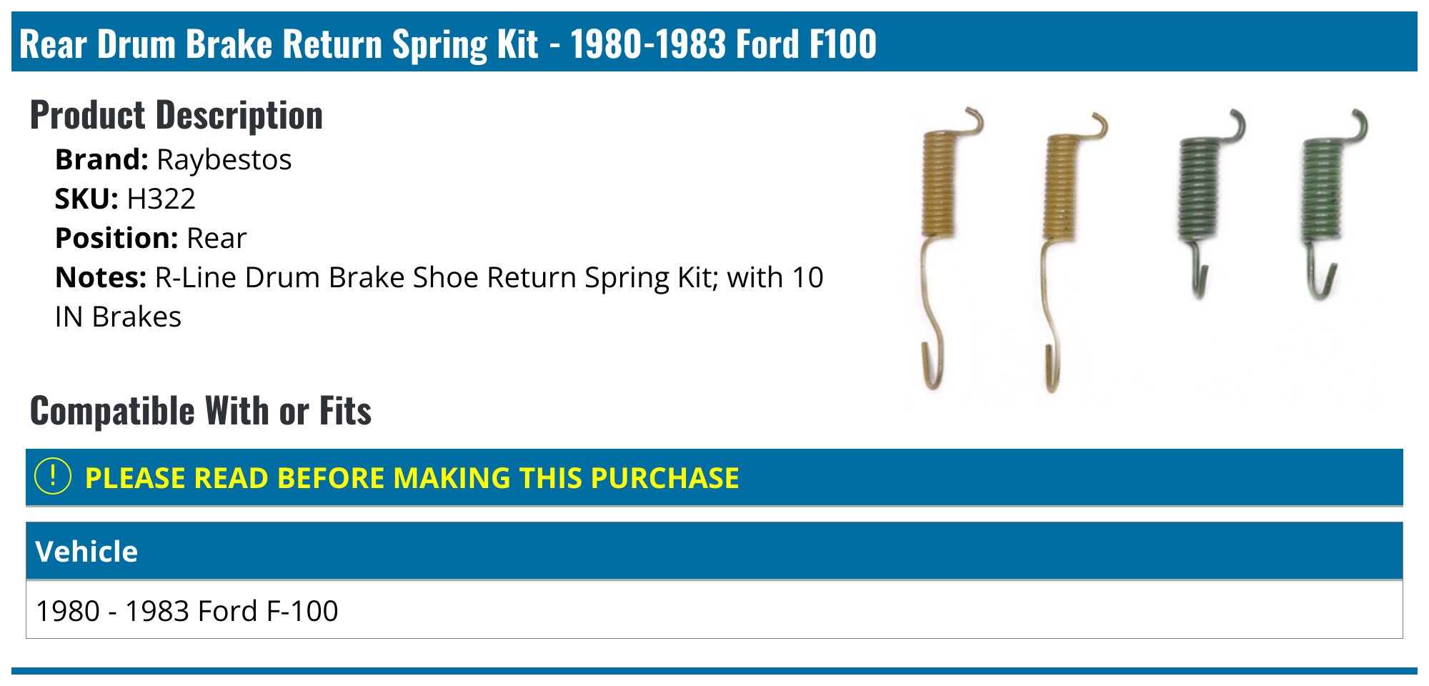 1980-1983 Ford F100 Drum Brake Return Spring Kit - Raybestos H322 ...