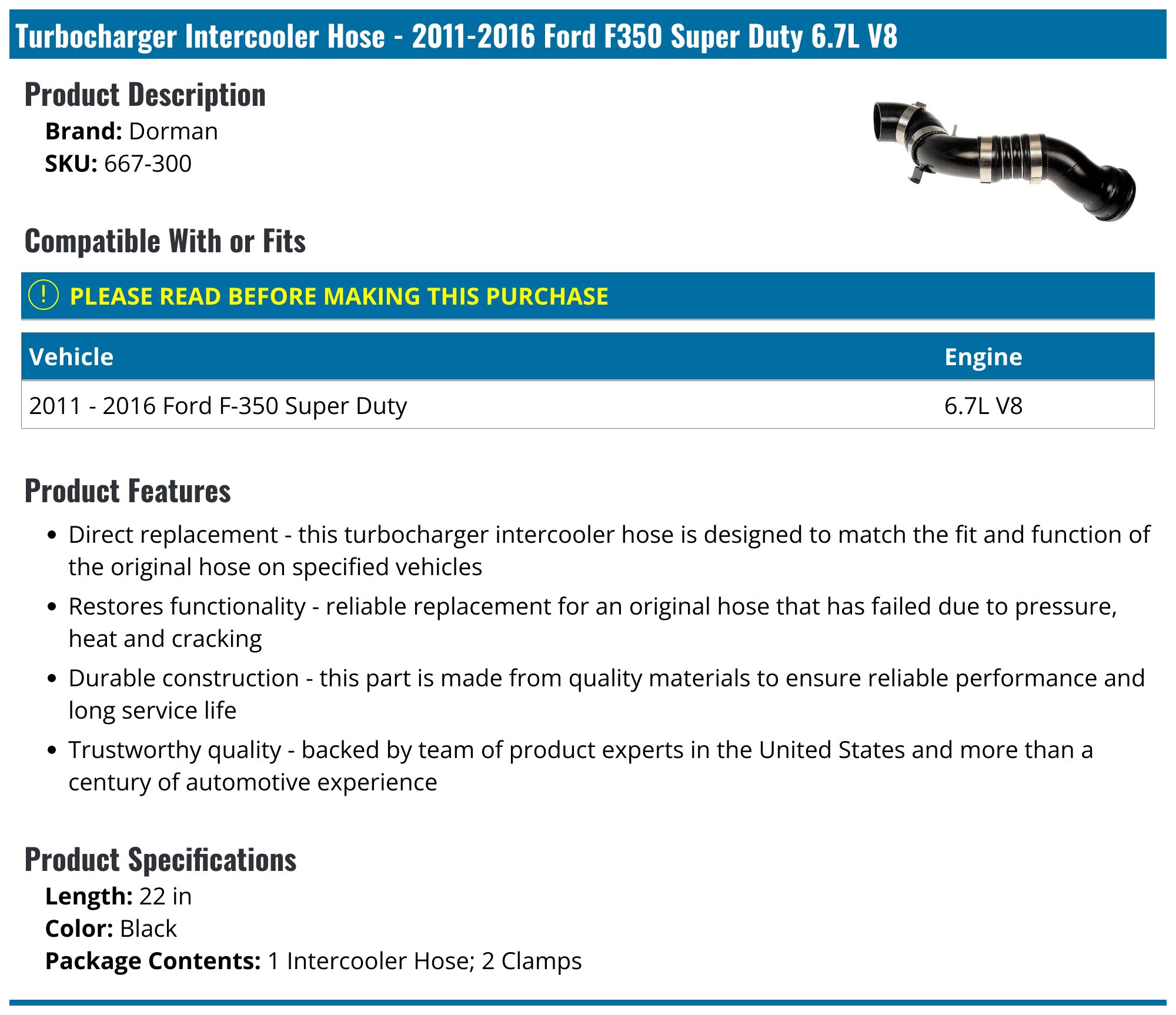 2011-2016 Ford F350 Super Duty Intercooler Hose - Dorman 667-300