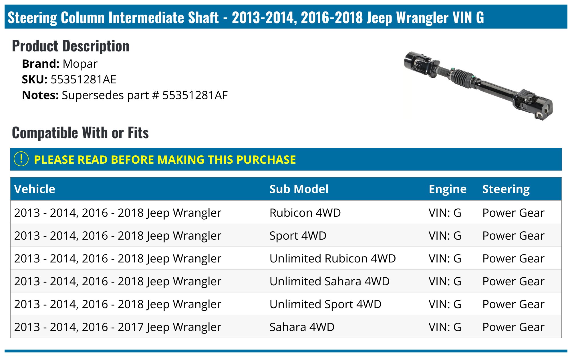 Chrysler Genuine 55351281AE Steering Column Shaft
