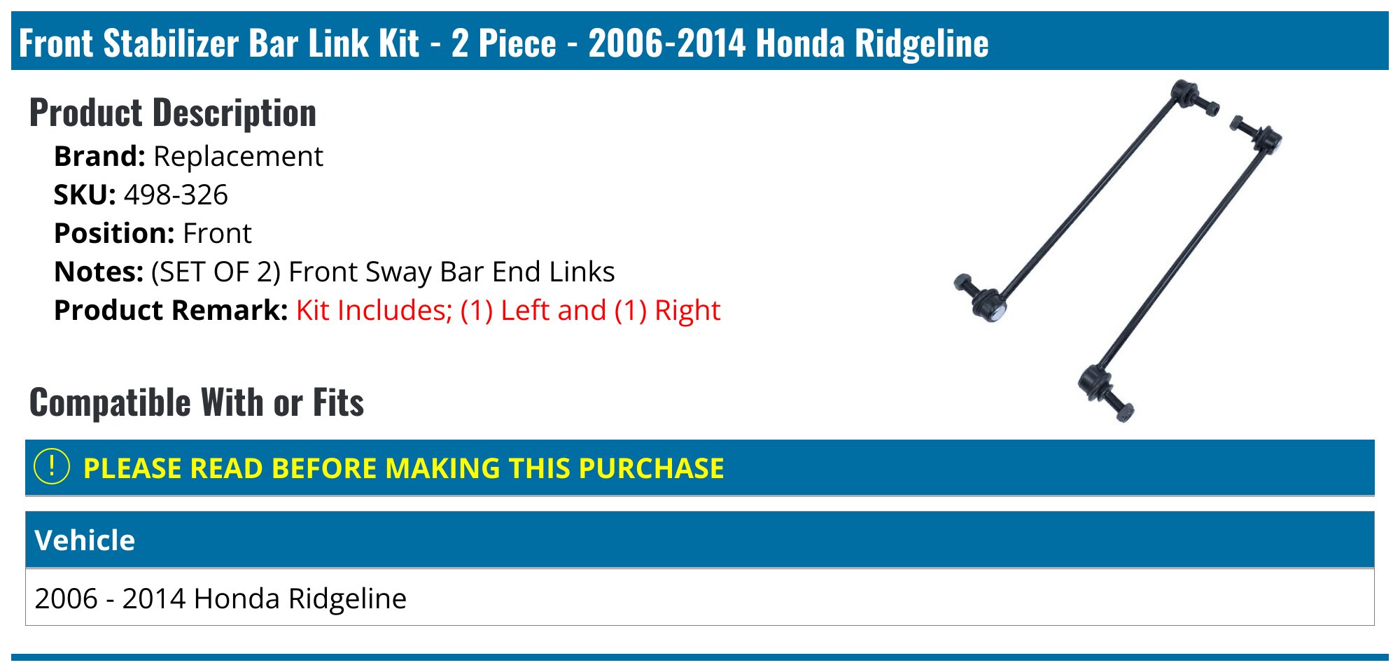 Partsflow Front Sway Bar End Link Kit For 2006-2014 Honda Ridgeline - LH & RH Pair