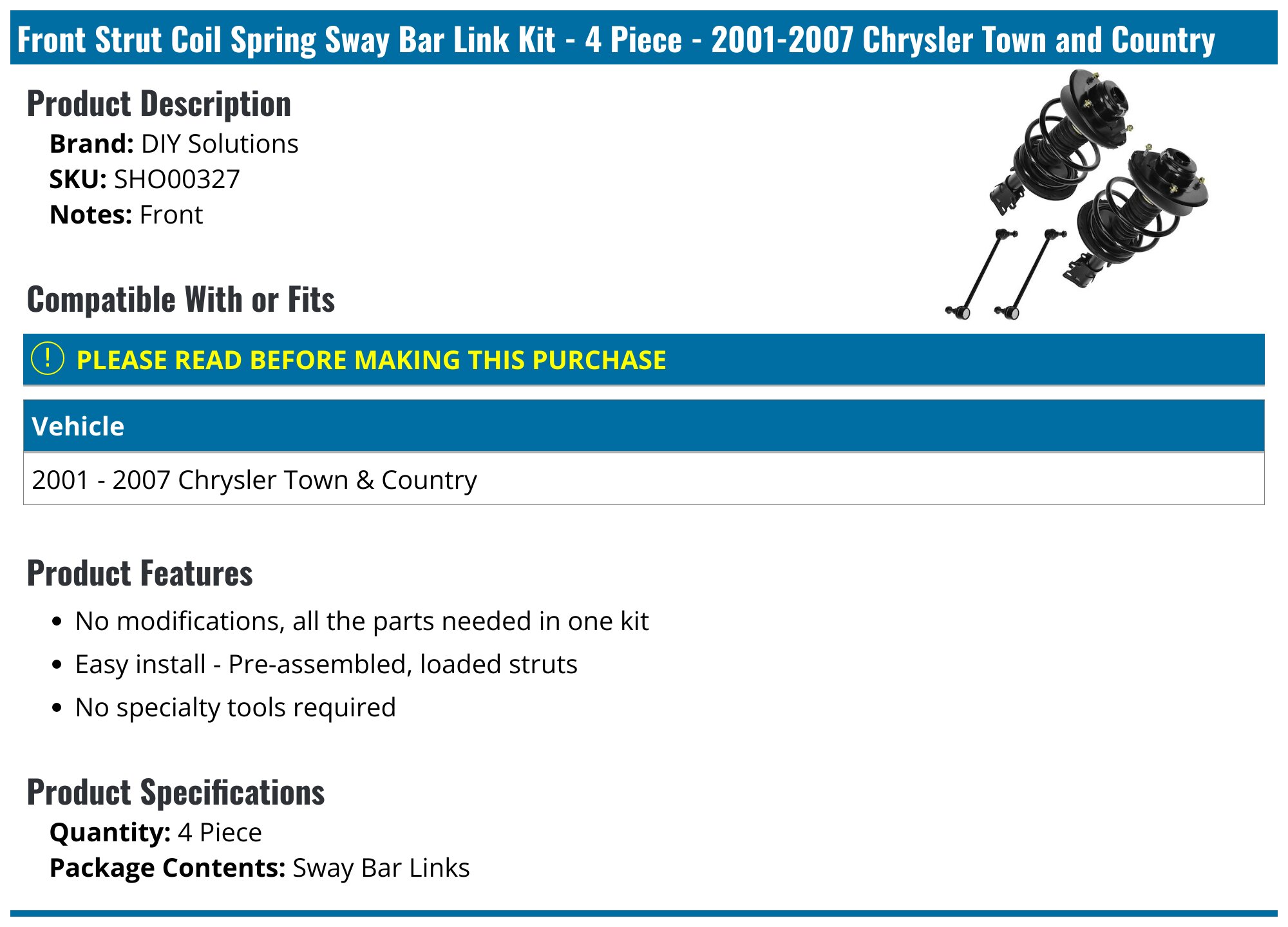 Complete Strut & Coil Spring Assembly Set For 2001-2007 Chrysler Town & Country Van