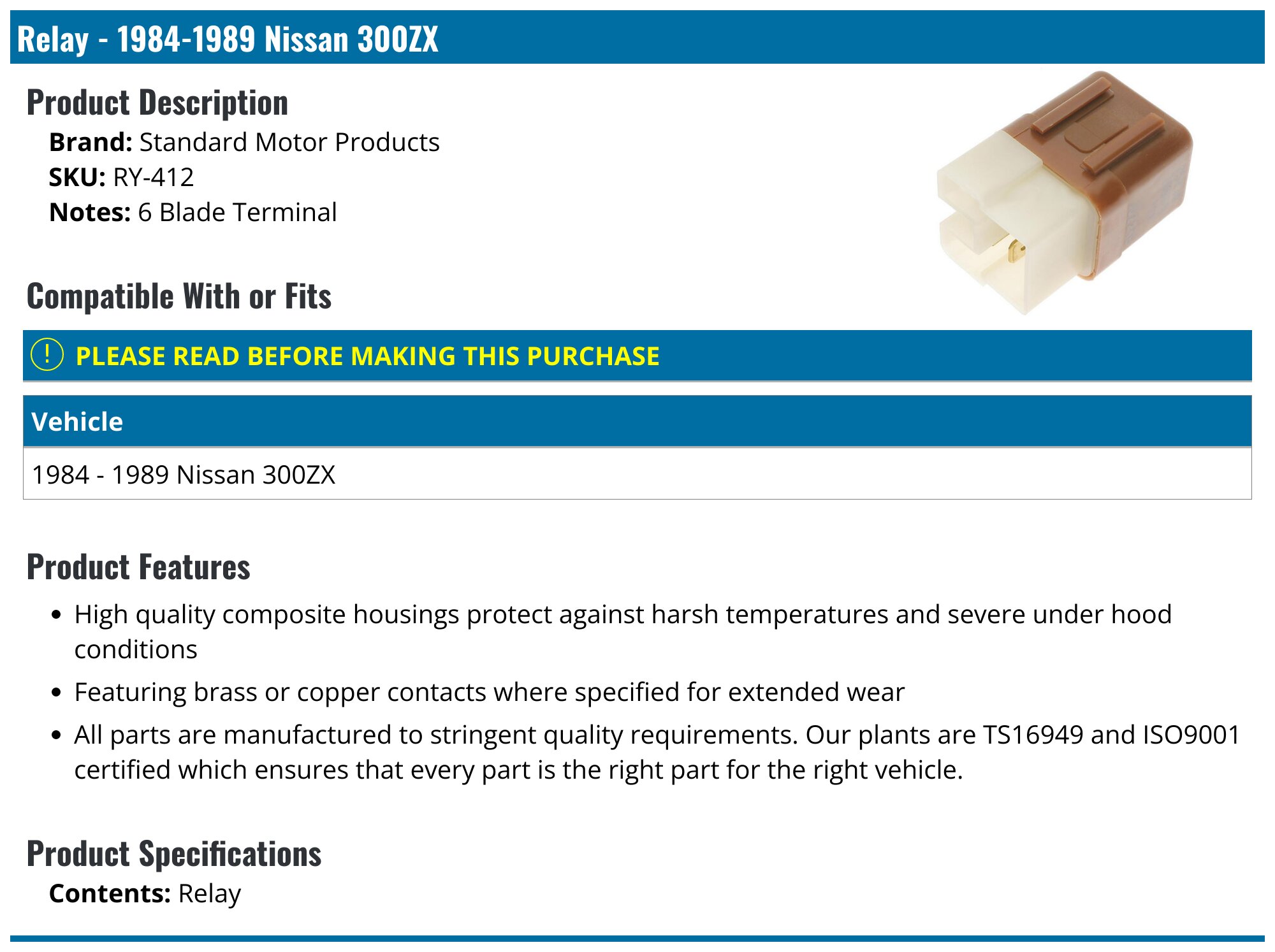1984-1989 Nissan 300ZX Relay - Standard Motor Products RY-412