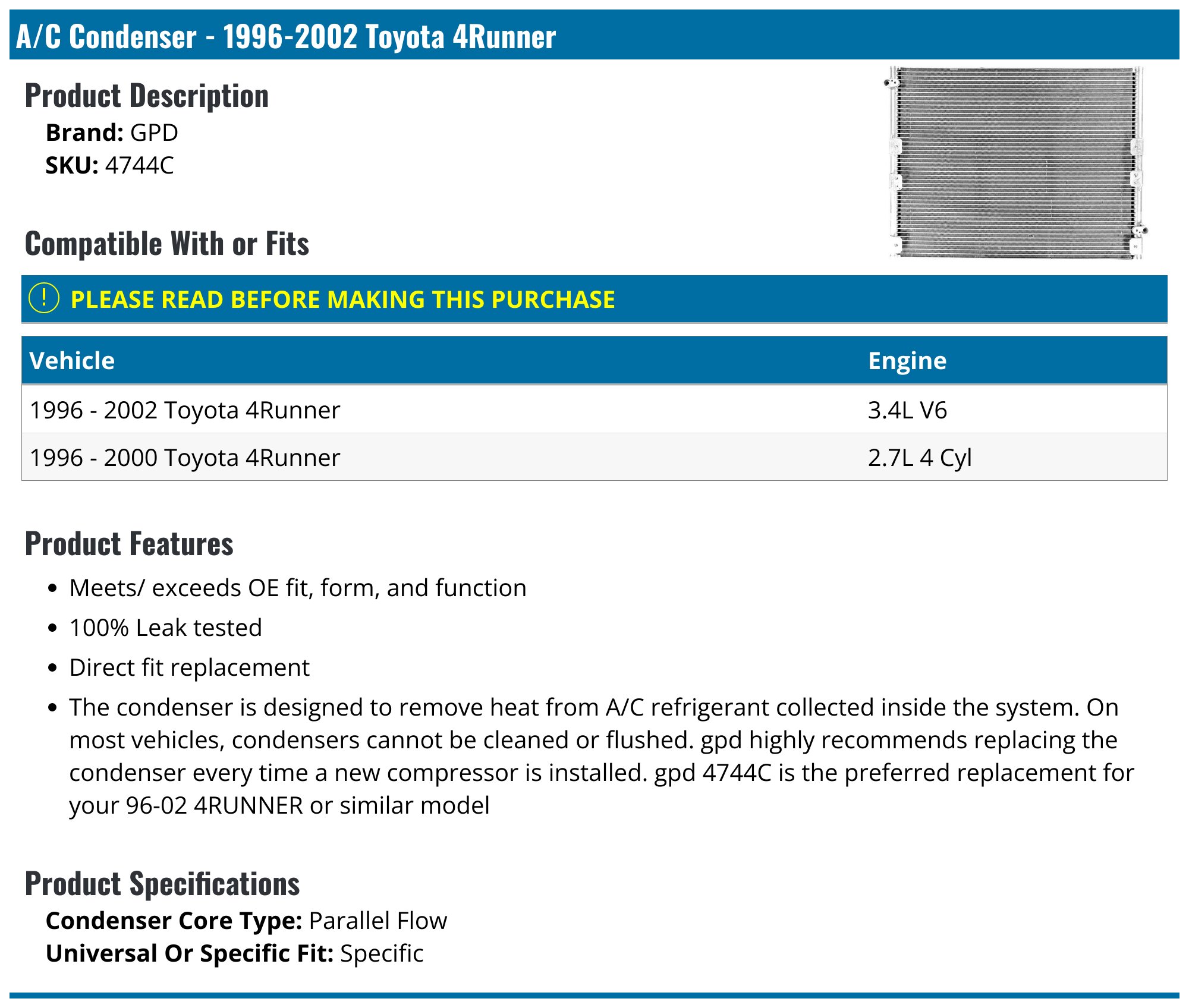 1996-2002 Toyota 4Runner A/C Condenser - GPD 4744C - PartsGeek.com