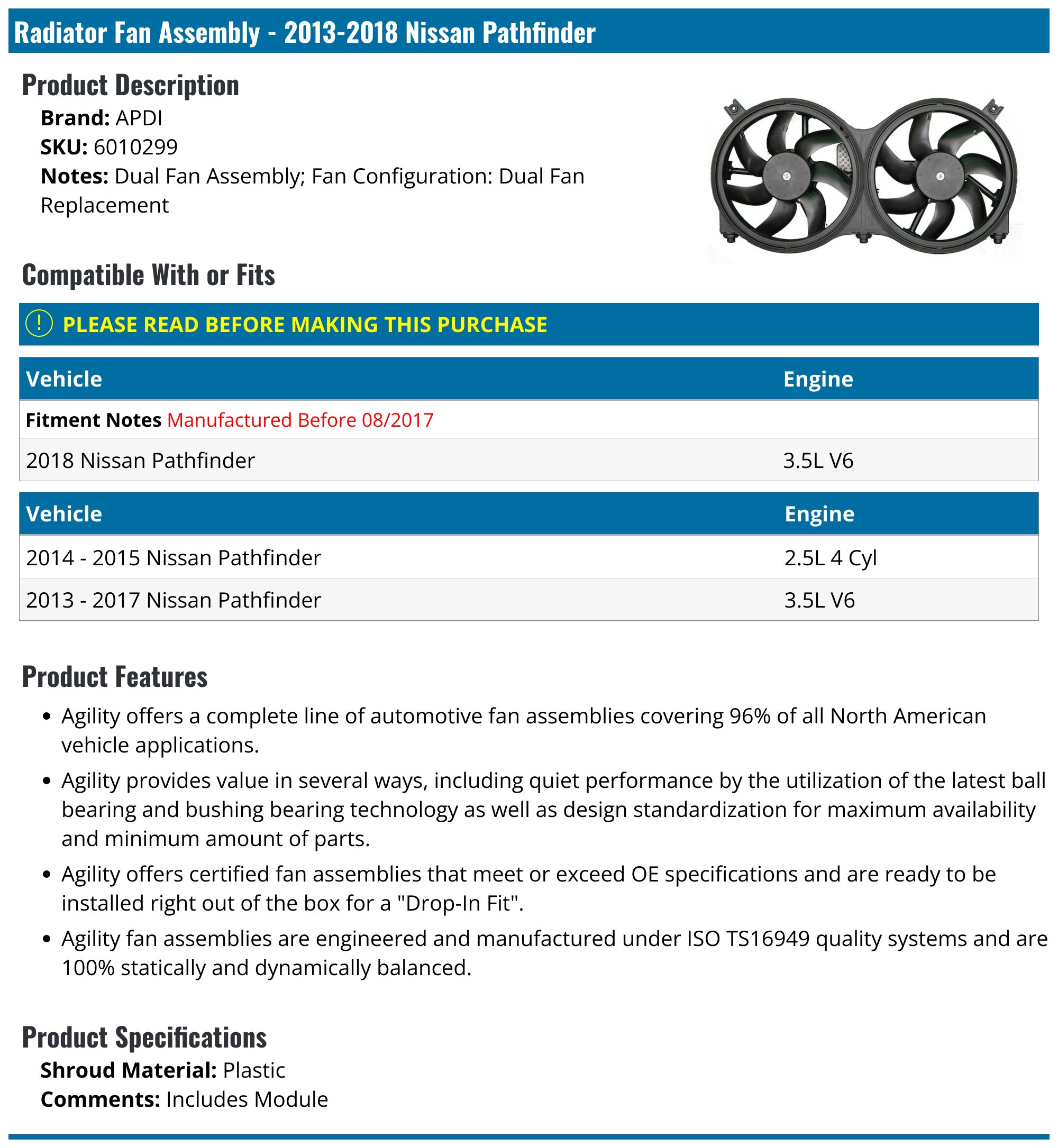 20132018 Nissan Pathfinder Radiator Fan Assembly APDI 6010299