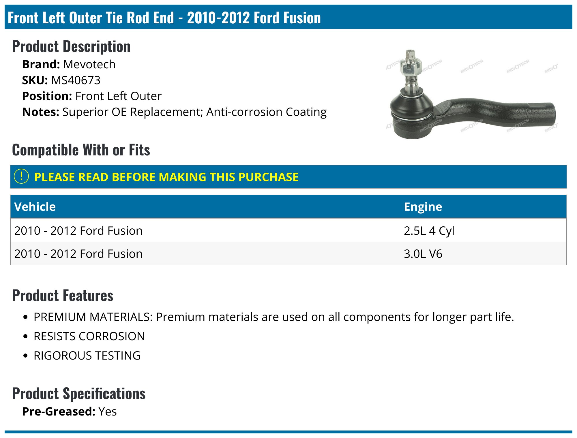 thumbnail image 2 of Evan-Fischer Tie Rod End – Front Passenger Side Outer – 2010-2012 Ford Fusion – AE5Z3A130C – New 2 of 4