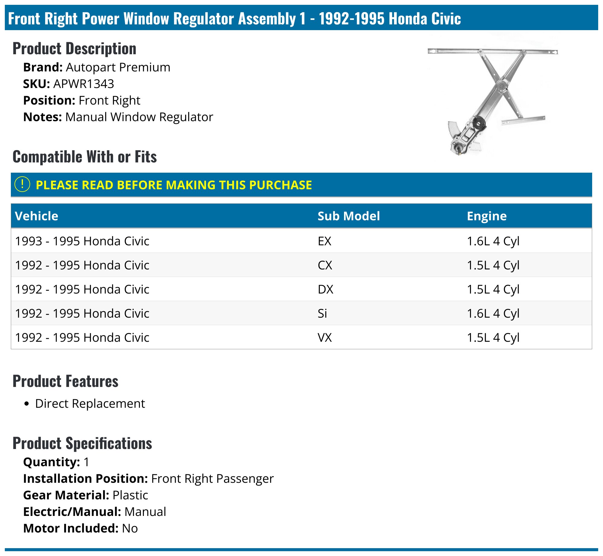 Front Left For Honda Civic 1992-1995 Hatchback Manual Window Regulator w/o Motor