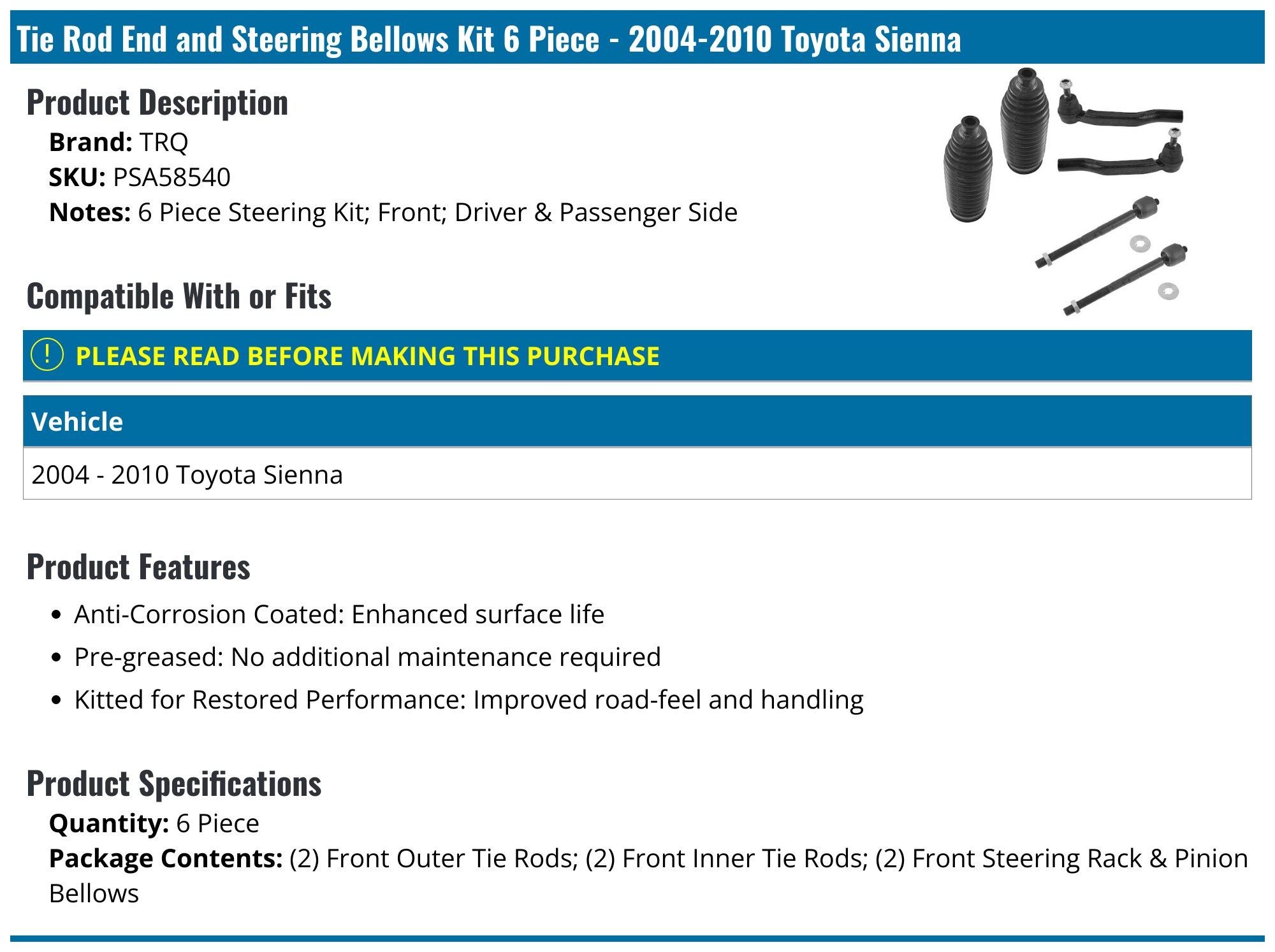 Topicksap Front Inner & Outer Tie Rod End Kit For Toyota Sienna | Driver & Passenger Side | Includes Grease & Hardware