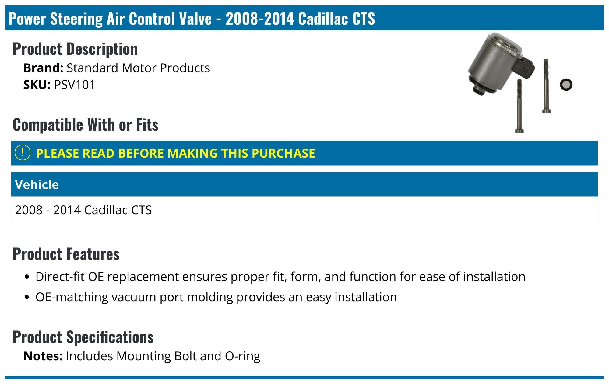 20082014 Cadillac CTS Power Steering Air Control Valve Standard