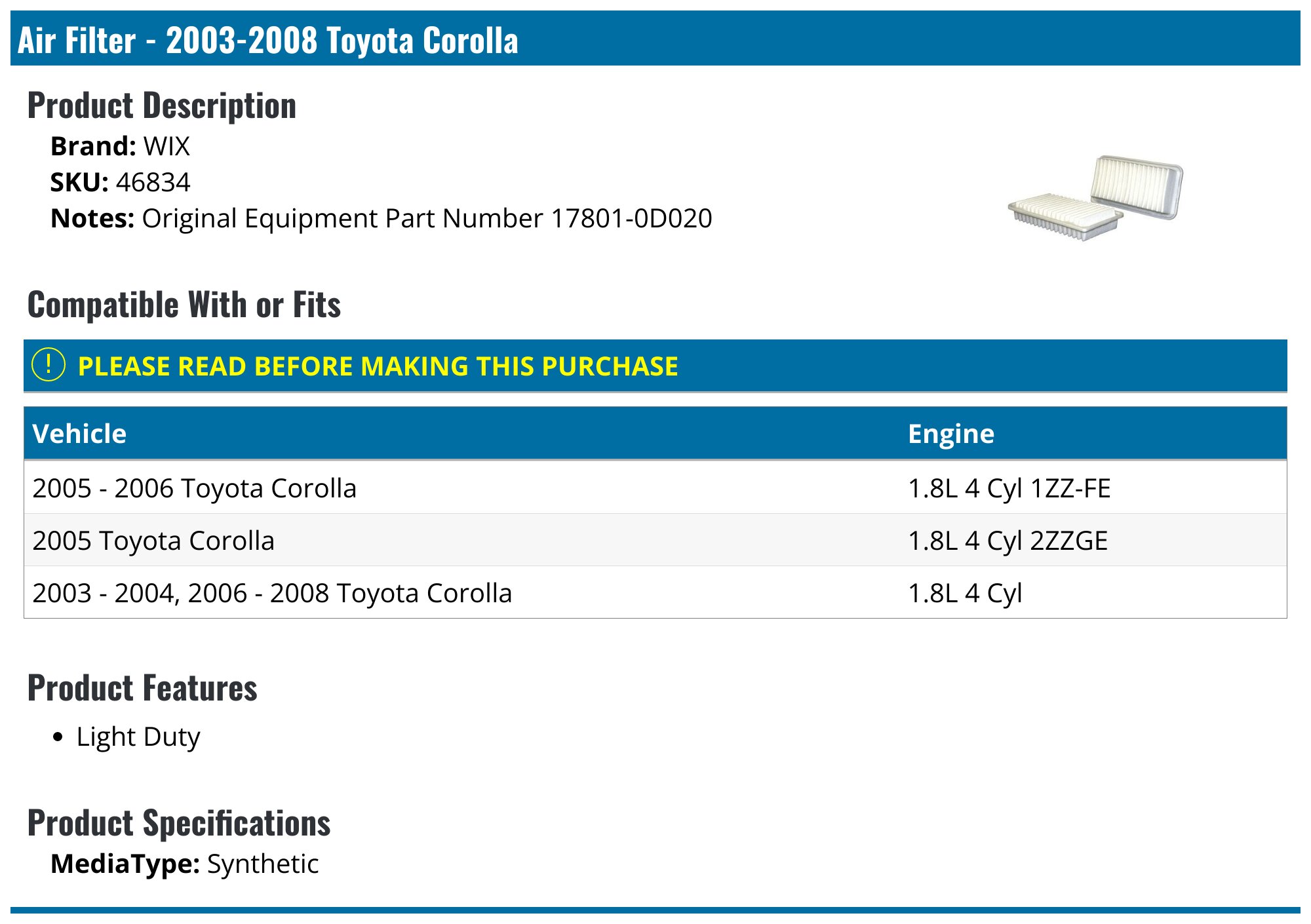 2003-2008 Toyota Corolla Air Filter - WIX 46834 - PartsGeek.com