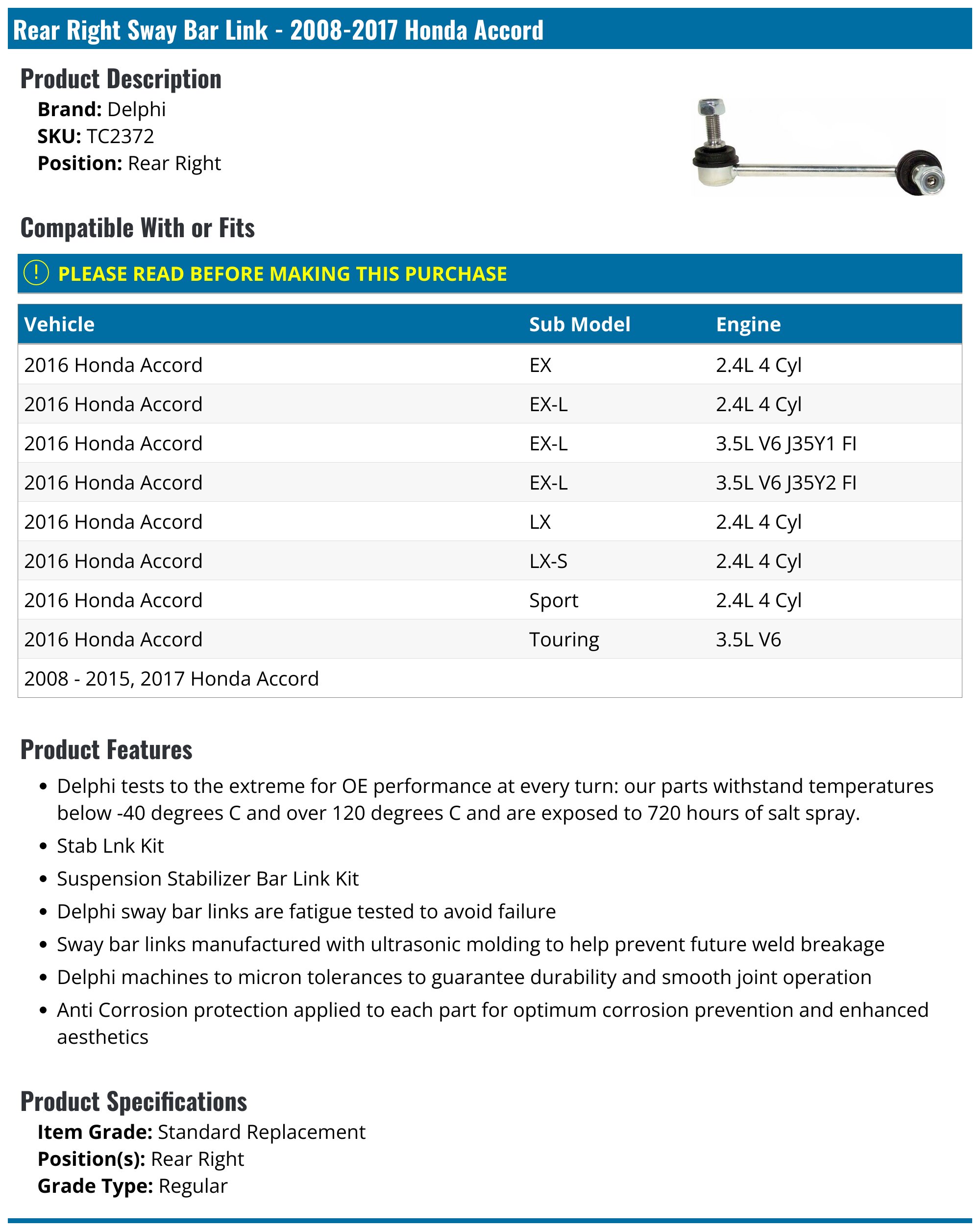 20082017 Honda Accord Sway Bar Link Delphi TC2372 Rear Right