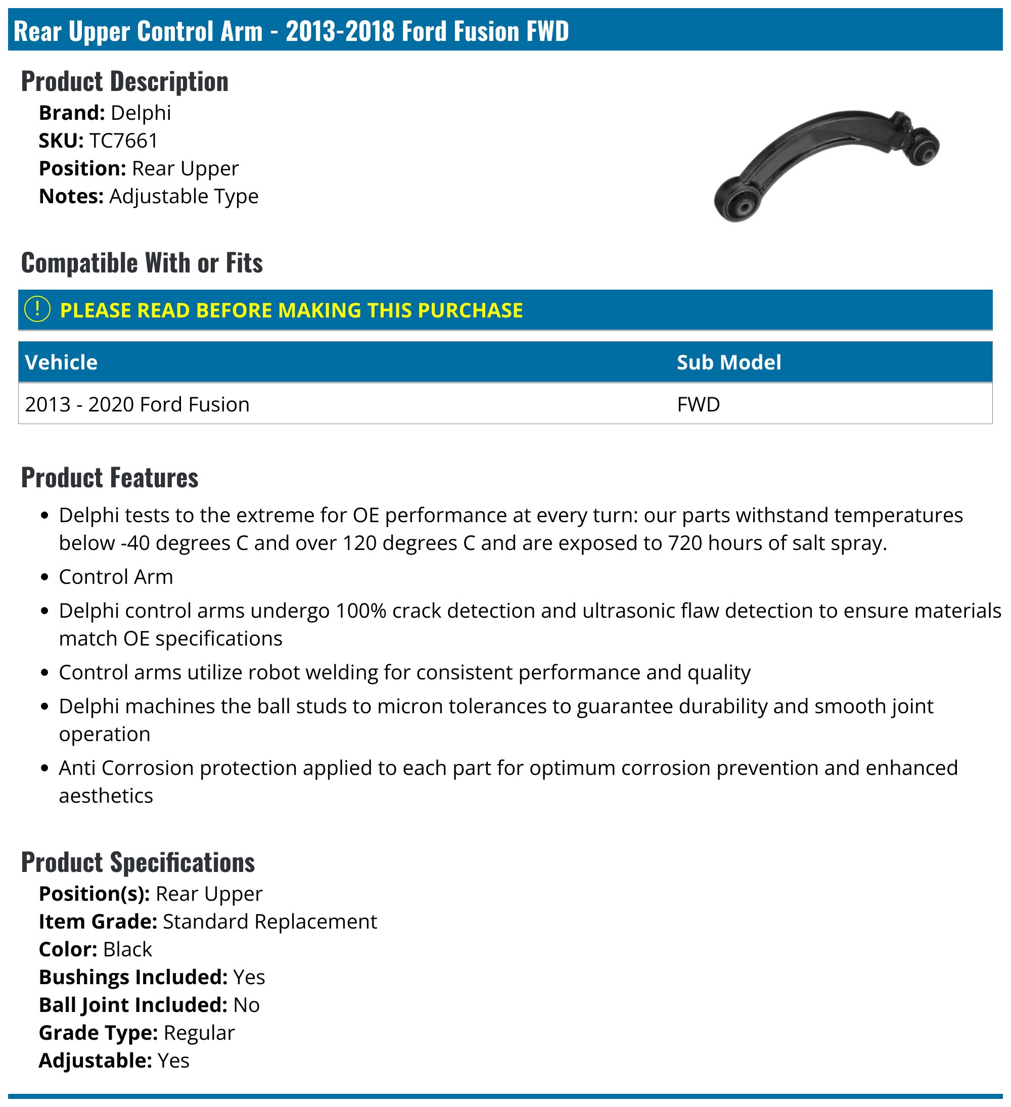 20132020 Ford Fusion Control Arm Delphi TC7661 Rear Upper