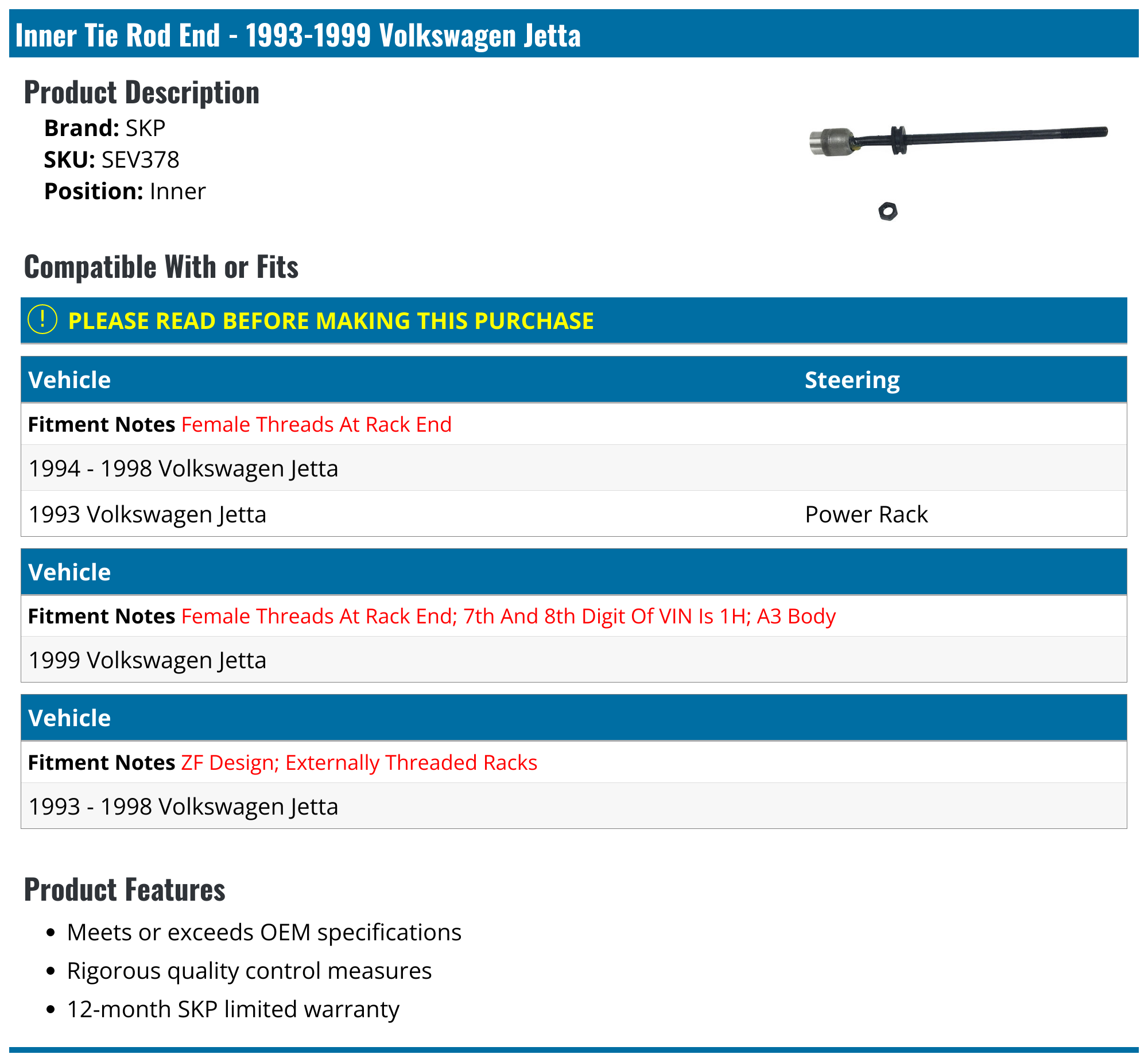 19931999 Volkswagen Jetta Tie Rod End SKP SEV378 Inner