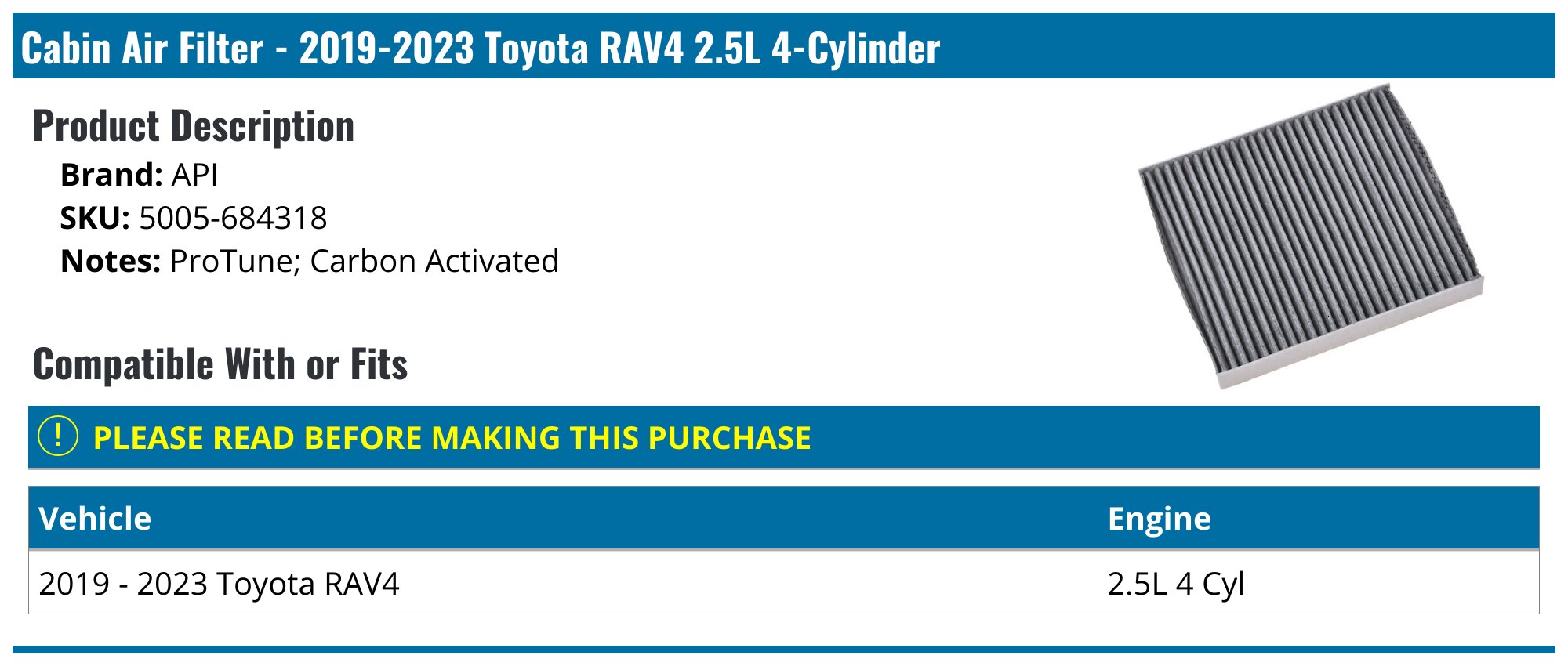 2019-2023 Toyota RAV4 Cabin Air Filter - API 146668-02333883 ...