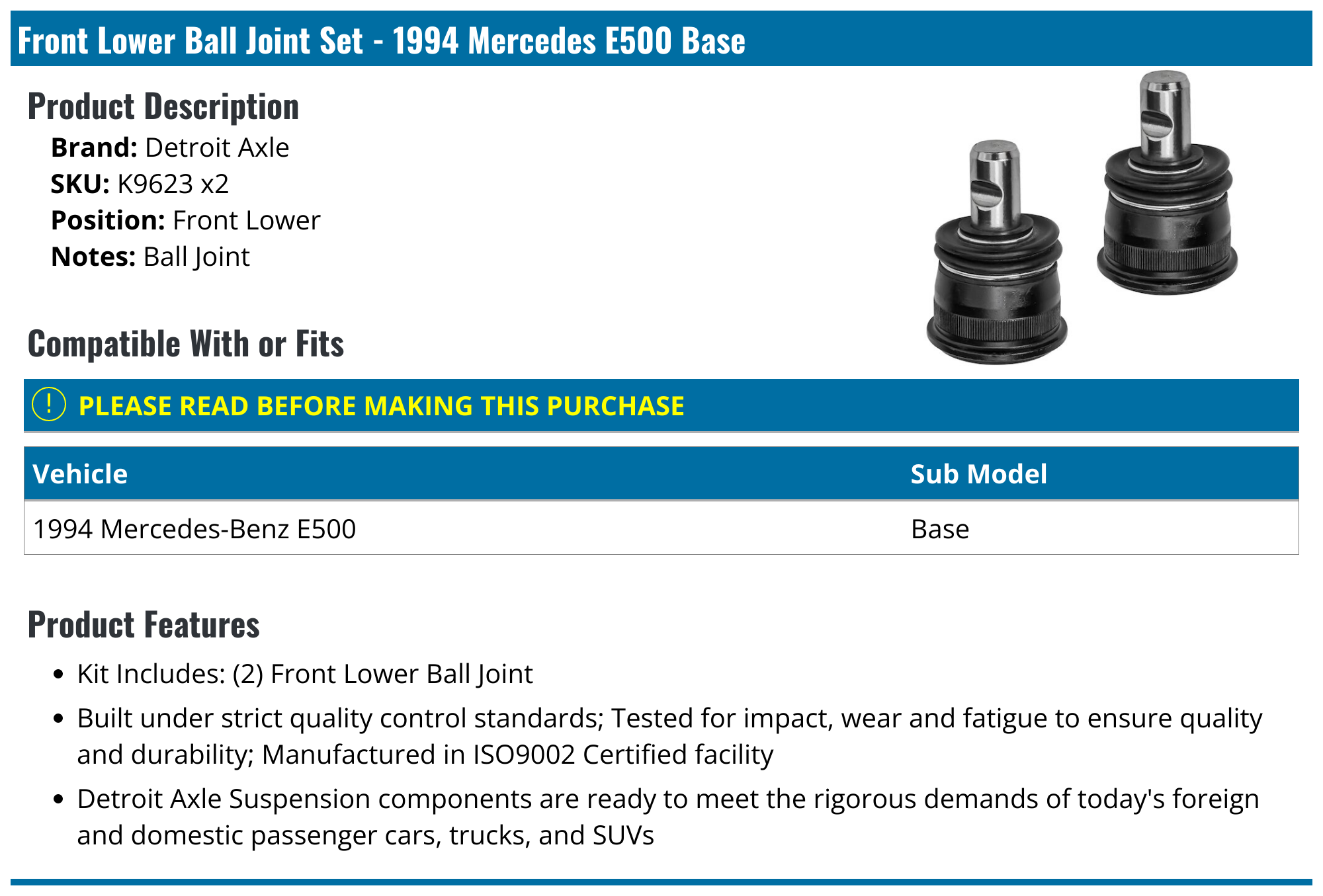 1994 Mercedes E500 Ball Joint Detroit Axle K9623 x2 Front Lower