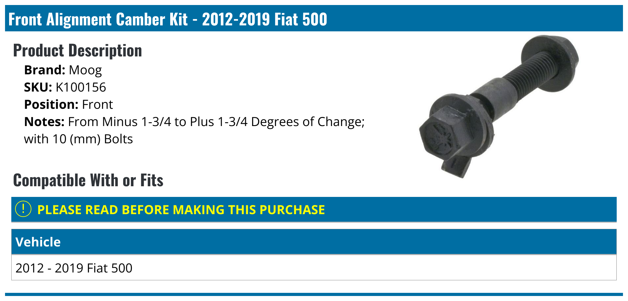 20122019 Fiat 500 Alignment Camber Kit Moog K100156 Front