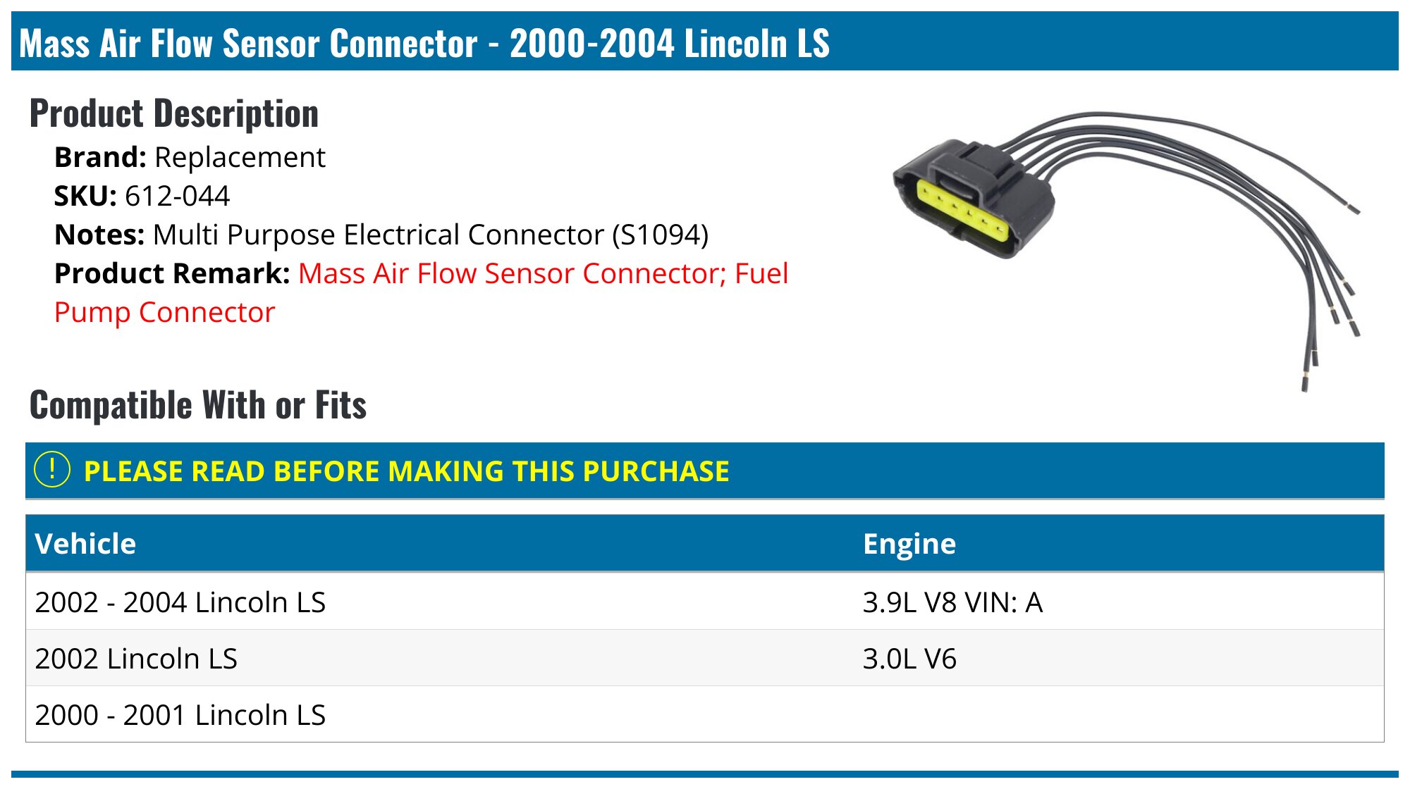 2000-2004 Lincoln LS Mass Air Flow Sensor Connector - Replacement 612 ...
