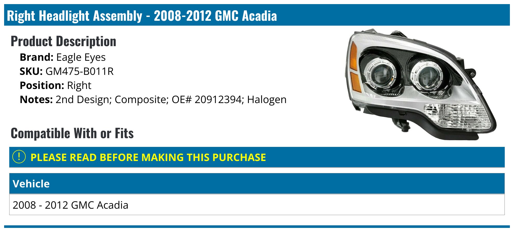 Pair Of Halogen Headlights Left+Right For 2007-2012 GMC Acadia (Chrome Housing)
