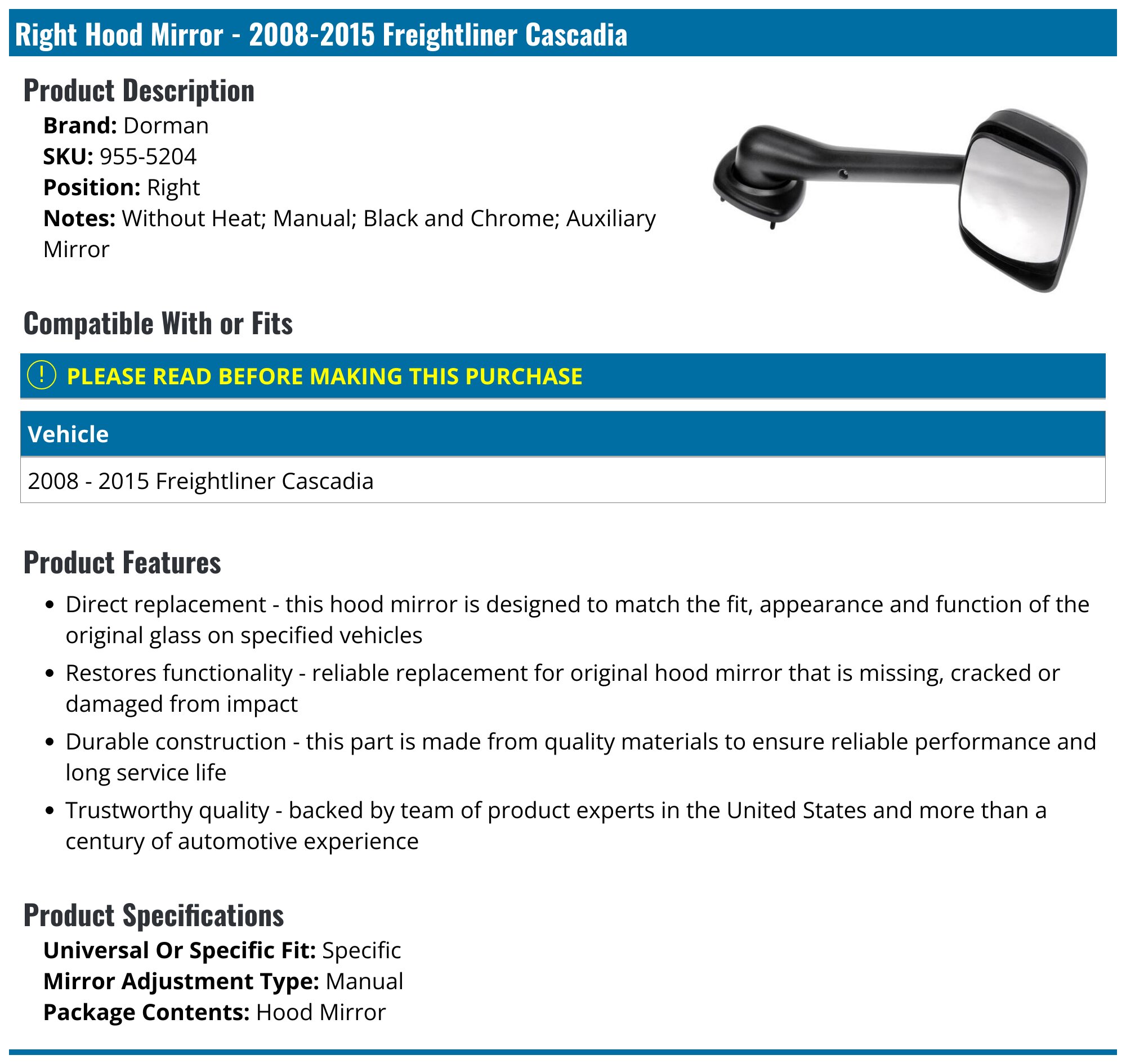 2018 & UP CASCADIA P4 HOOD MIRROR GLASS (LH/RH) | SB Truck Parts 2018 & UP CASCADIA P4 HOOD MIRROR GLASS (LH/RH) | SB Truck Parts