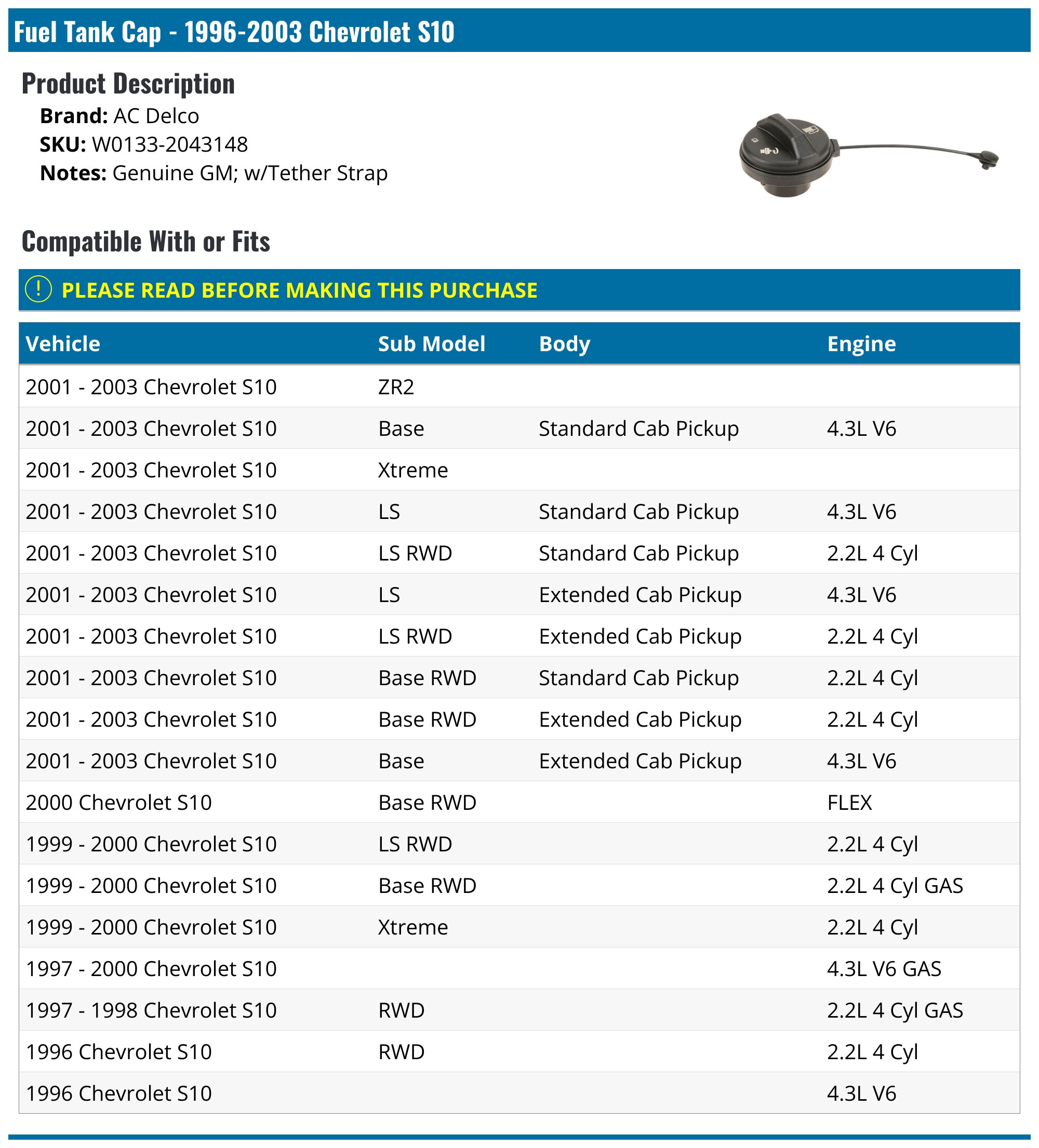2000 Chevrolet S10 Fuel Tank Filler Neck - Replacement and OEM
